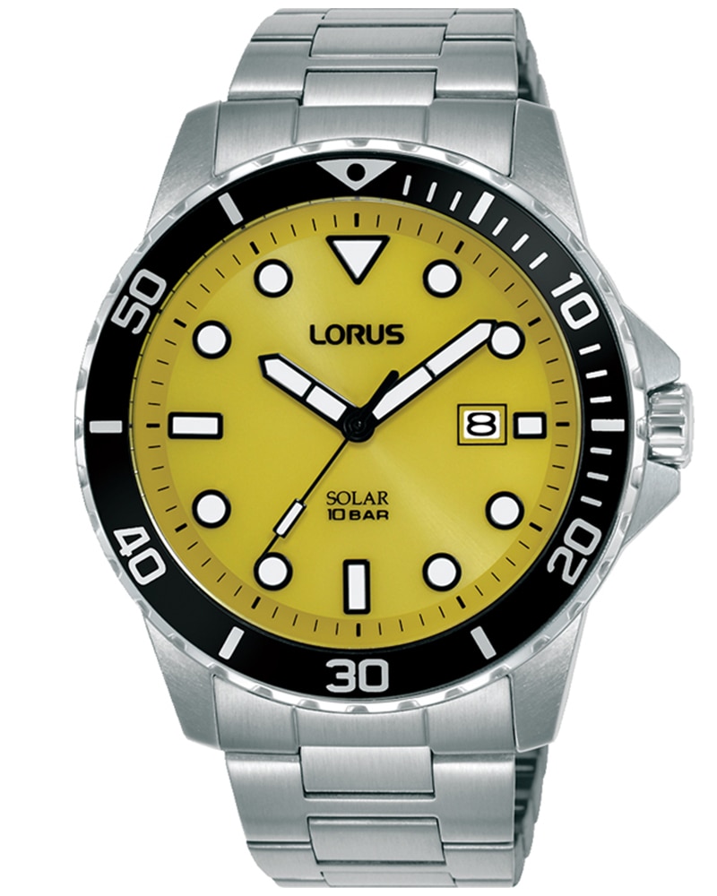 LORUS Herren Solaruhr, gelb, Armbanduhren, Armbanduhr, Herrenuhr, Edelstahlarmband, analog, Tag