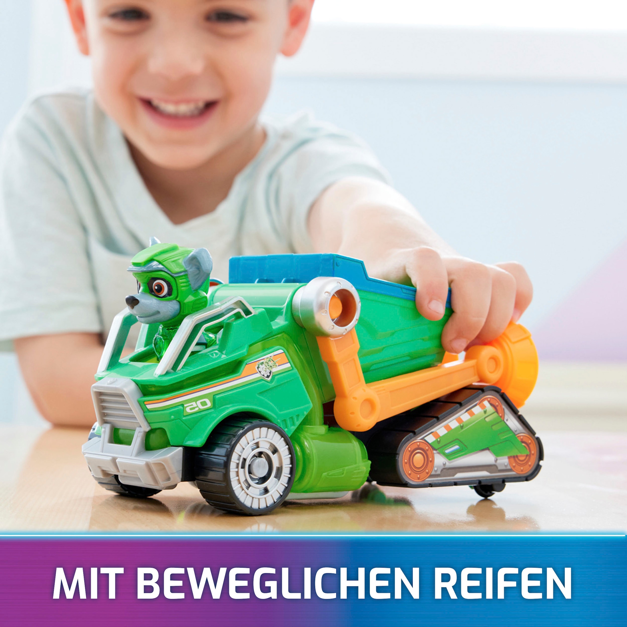 Spin Master Spielzeug-Auto »Paw Patrol - Movie II - Basic Themed Vehicles Rocky«, Mülltransporter mit Welpenfigur, Licht- und Soundeffekt