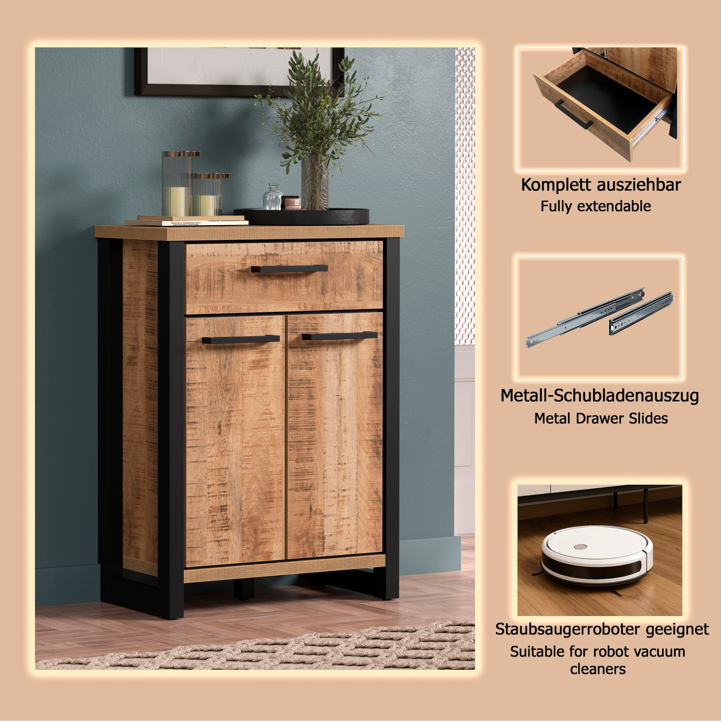 Home affaire Kommode »Elda« 1 Stk. tlg. Kommode mit 2 Türen, 1 Schublade mit Vollauszug – (B/T/H) 73/39/100 cm