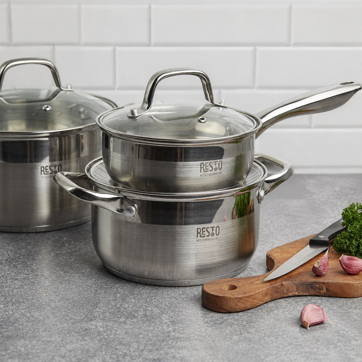 RESTO Kitchenware Topf-Set »LIBRA, spülmaschinengeeignet« Set, 1x Soßentopf Ø 16 cm mit Deckel, je 2x Kochtopf Ø 18/20 cm mit Deckel, 6 tlg. Edelstahl 18/10