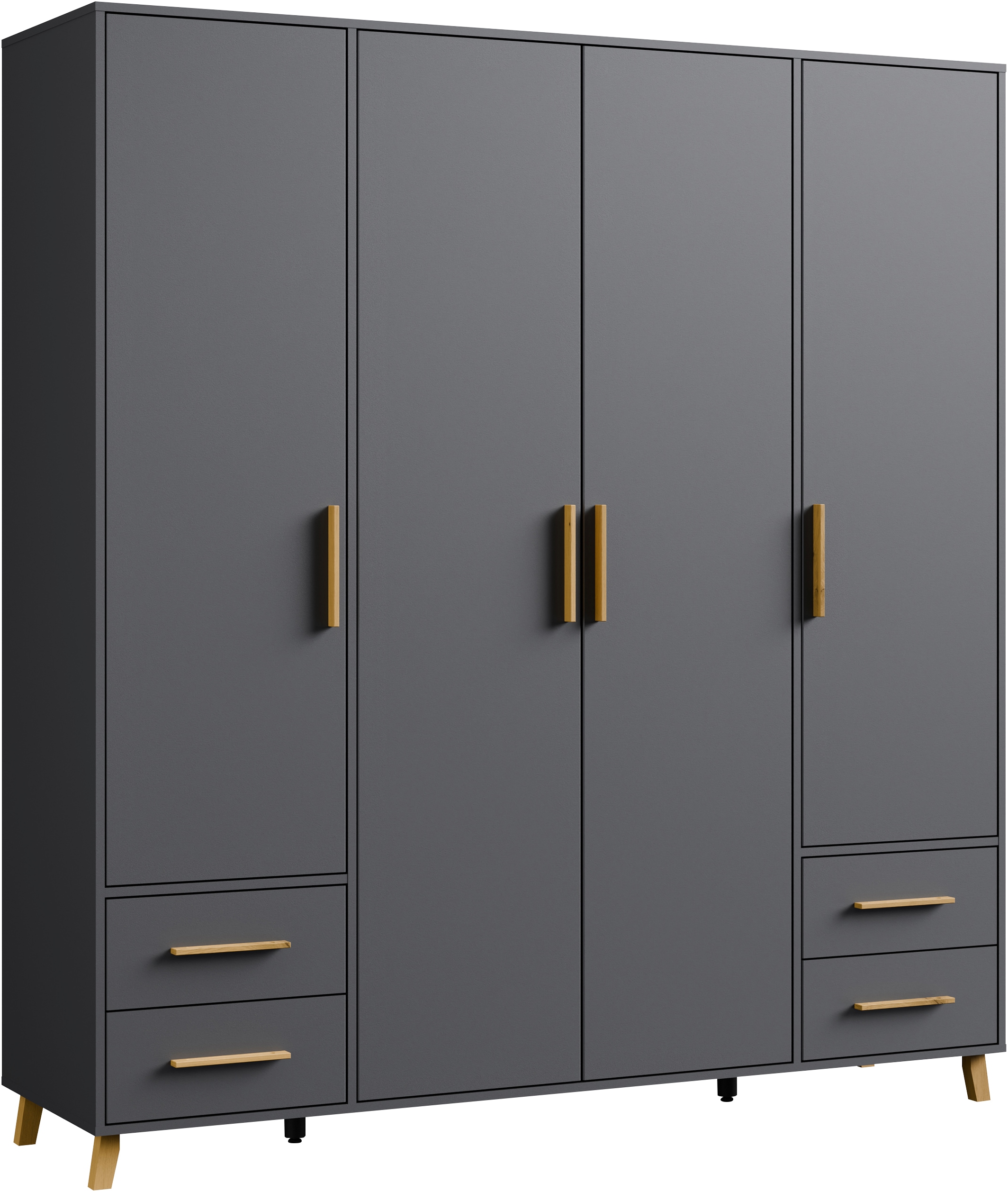 rauch "Kleiderschrank Schrank Garderobe SHINJO Breiten 93/140/187 cm" in 3 verschiedenen Ausstattungen BASIC/CLASSIC/PREMIUM, Griffe und Füße aus Massivholz mit 2 Schubladen MADE IN GERMANY