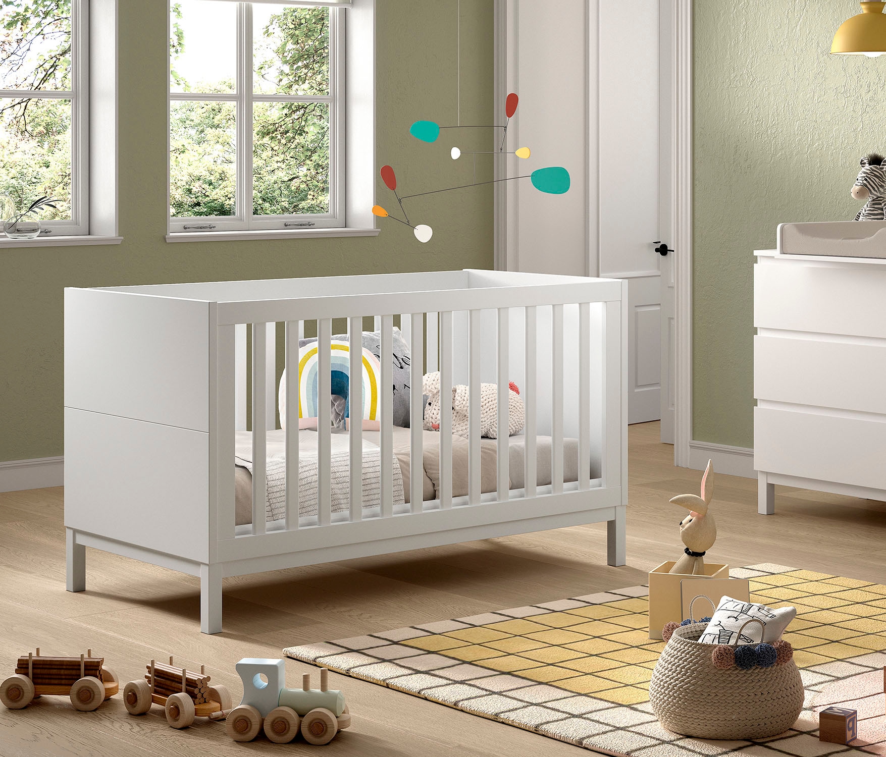 Vipack Babybett »in gradlinigem Design, standfest gebaut, pflegeleichte Oberfläche«, 70x140 cm mit 3 Schlupfsprossen, umbaubar zum Juniorbett weiß lackiert