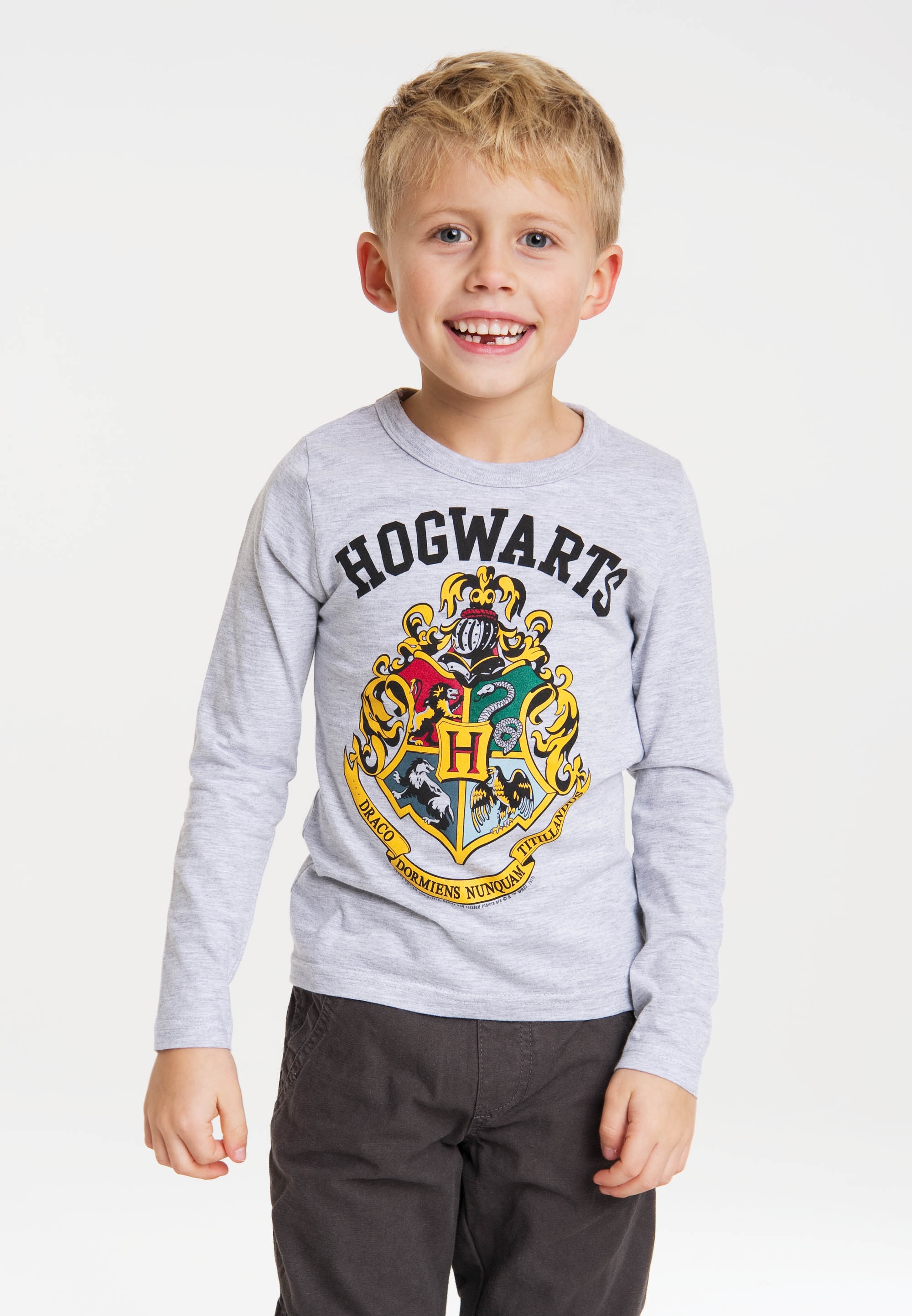 Langarmshirt LOGOSHIRT "Hogwarts", Jungen, Gr. 92, grau, 95% Baumwolle, 5% Viskose, bedruckt, meliert, normal, Rundhals, Shirts Langarmshirt, mit detailliertem Print