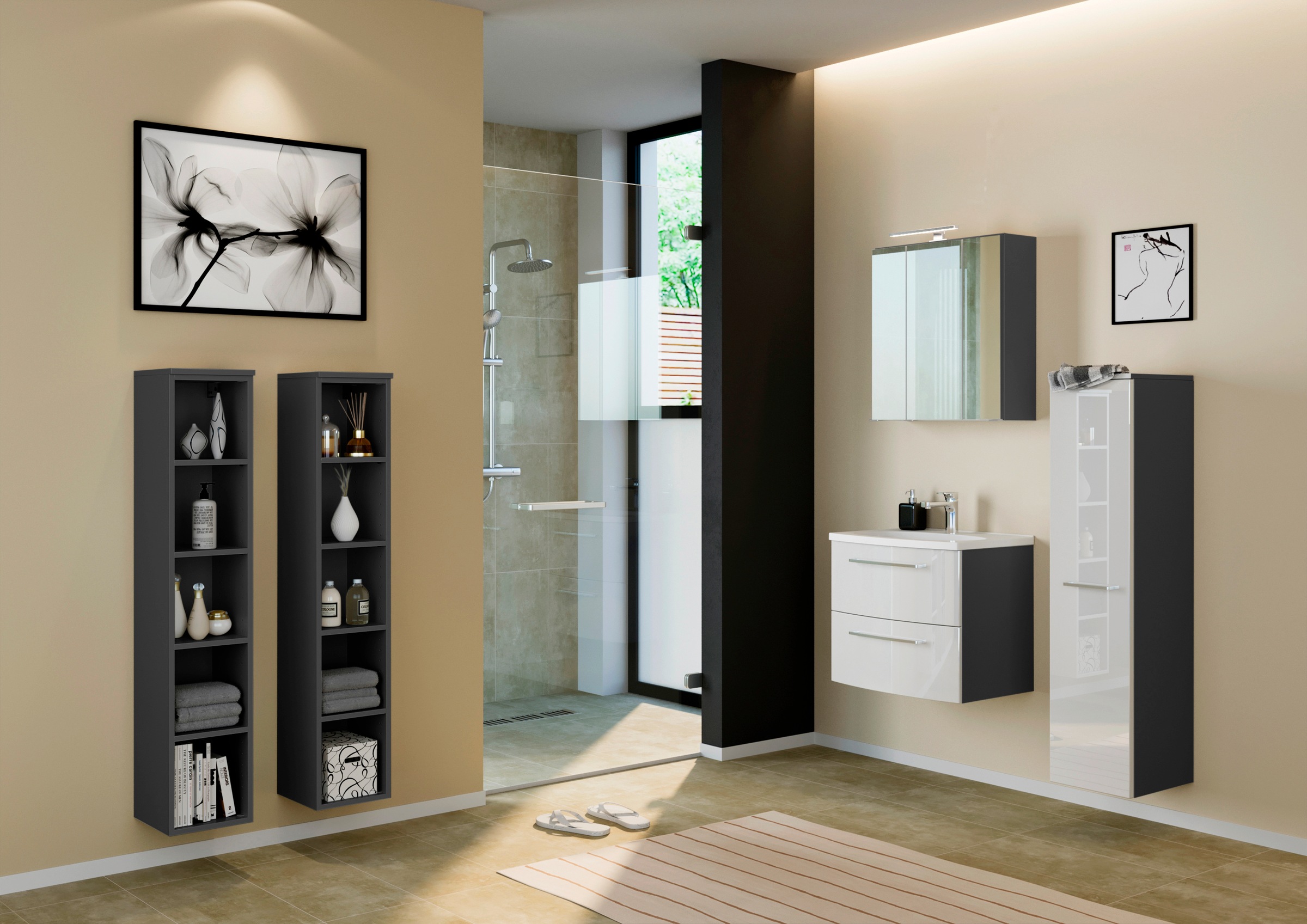 welltime Badmöbel-Set »Catania«, (3 St.), mit 3D-Spiegelschrank und gebogenes Mineralgussbecken