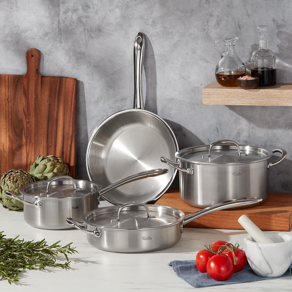 Fissler Topf-Set »Fissler M5 Pro-Ply®, Edelstahl-Topfset (7-teilig)« Set, 7-teilig: Bratpfanne, Kochtopf, Sauteuse und Stielkasserolle, 7 tlg. Edelstahl 18/10