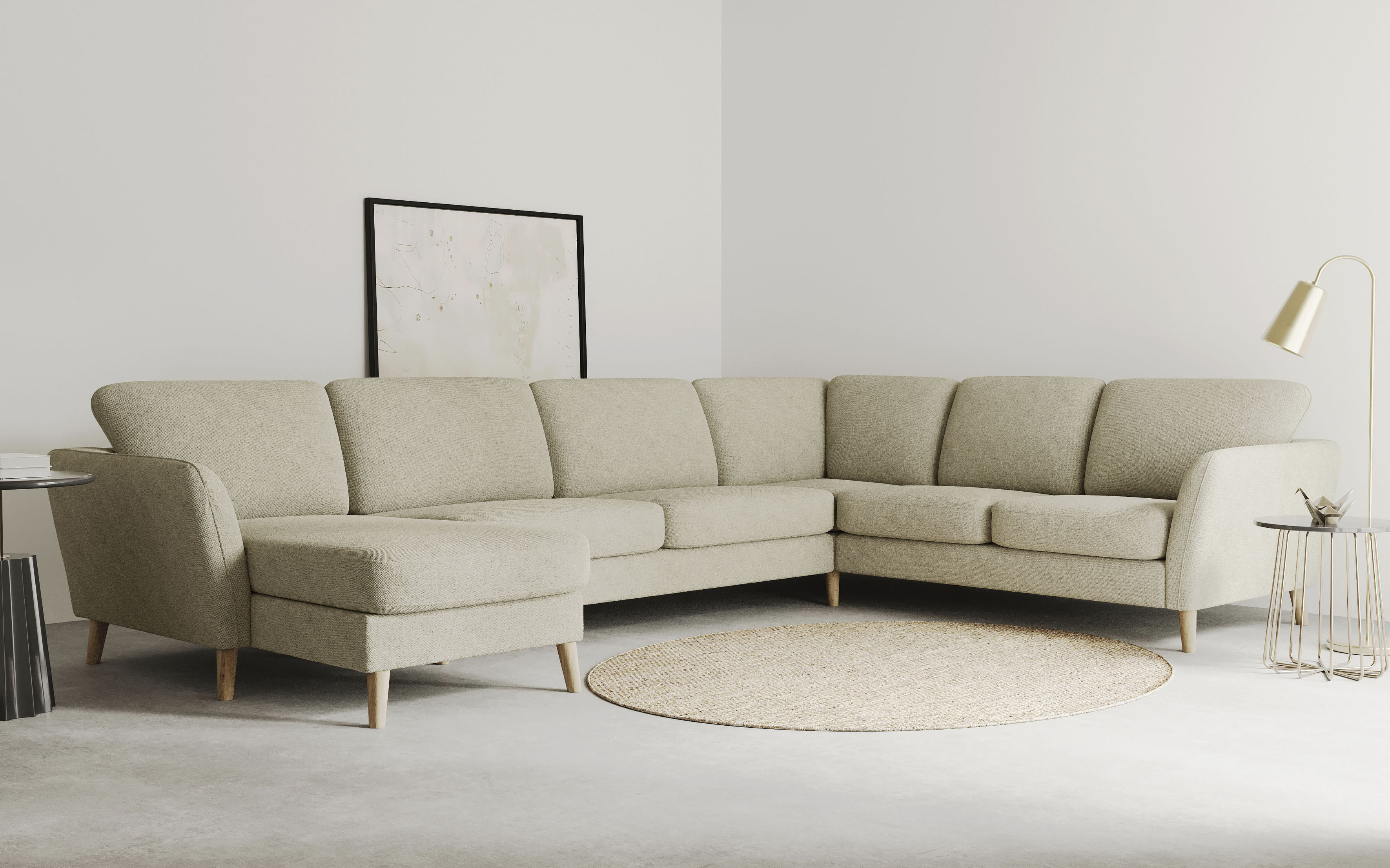 OTTO home Wohnlandschaft "MARSEILLE XXL 349cm, U-Form, Ottomane rechts/links wählbar" Massivholzbeine Eiche, Landhausstil, Wellenunterfederung