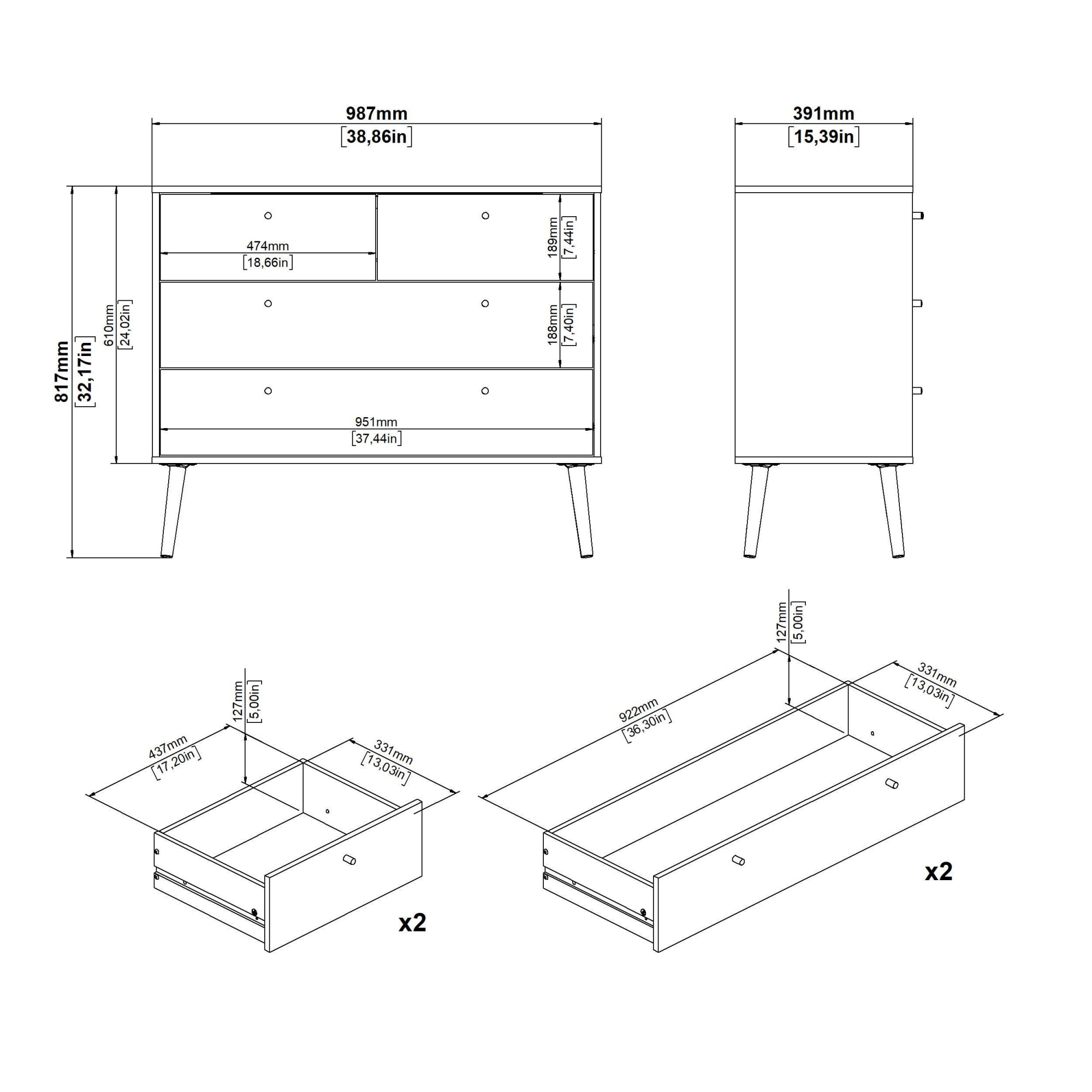 Home affaire Kommode »Bodo, Aufbewahrung, Schubladenschrank, Sideboard,«, 4 Schubladen, Beine und Griffe aus Echtholz, Breite 99 cm