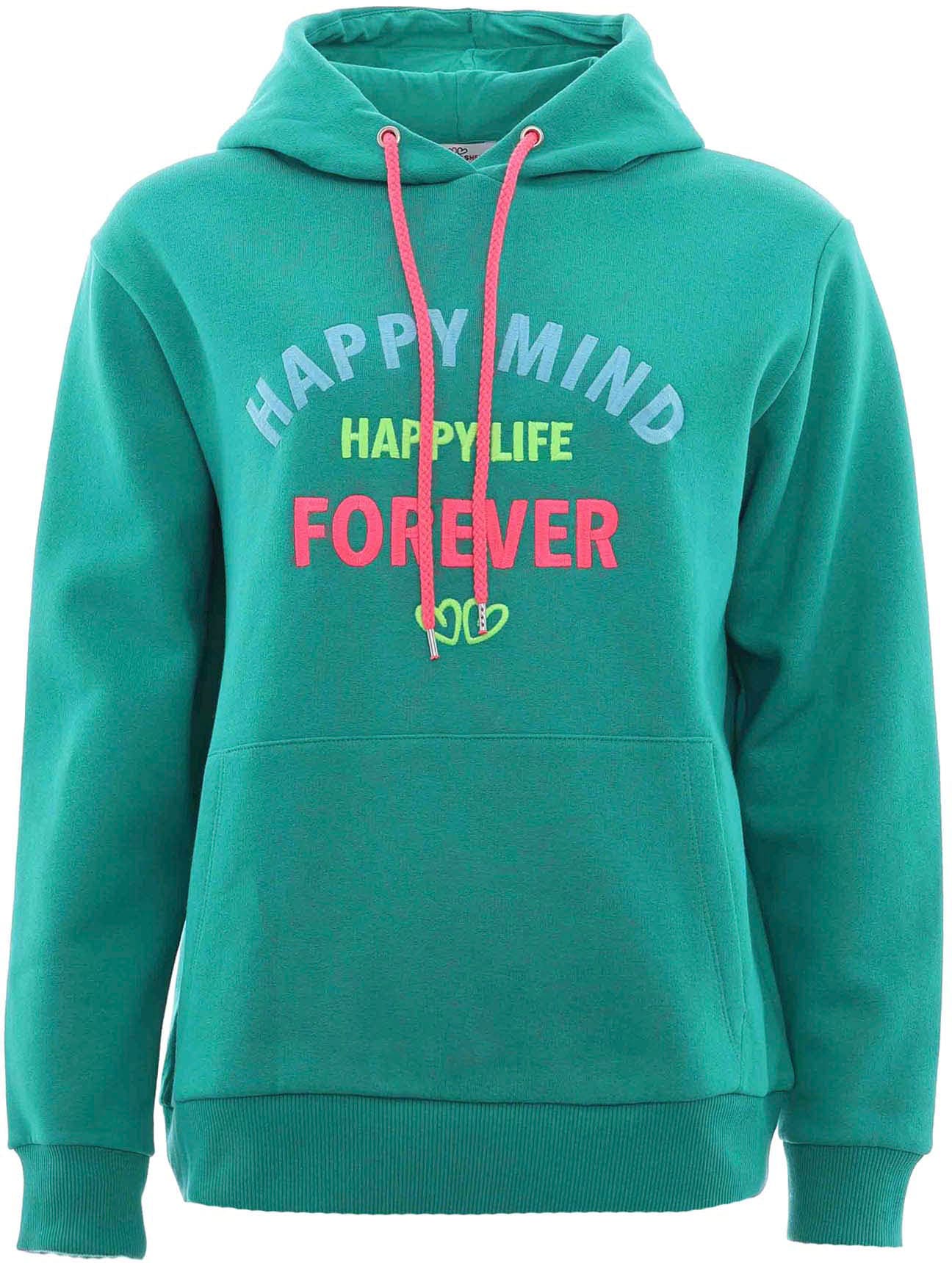 Zwillingsherz Sweatshirt, mit "Happy"-Aufstick in neonfarben auf Vorder- und Rückseite