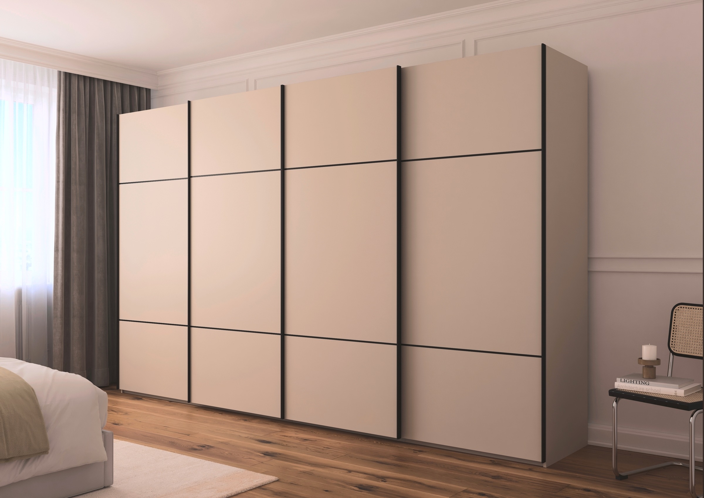 rauch Schwebetürenschrank »Kleiderschrank Schrank Garderobe Schlafzimmerschrank SCALE-TRIO«, edle dreigeteilte Front, 2 Zierleisten in Griff-Farbe MADE IN GERMANY