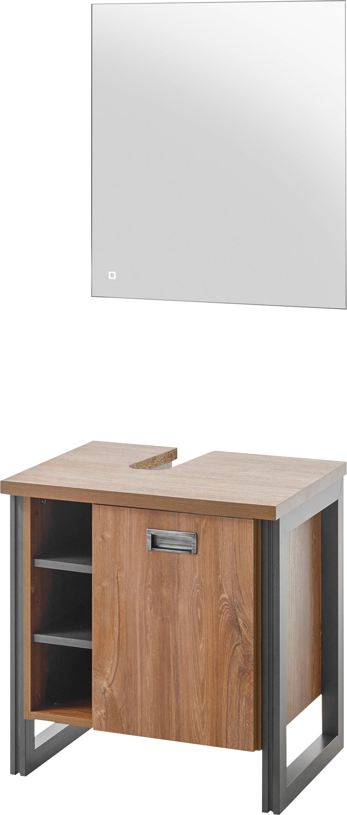 Home affaire Badmöbel-Set »Detroit, Bad im Industrialdesign, inkl. LED, 2-teiliges Badezimmer«, (2 St.), Waschbeckenunterschrank und Spiegel, holzfarben, mit offenen Fächern