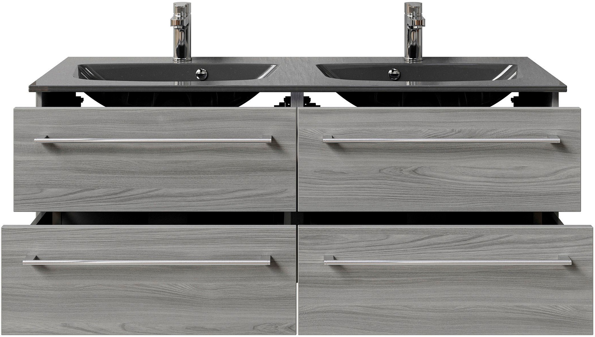Saphir Badmöbel-Set »Serie 6025 2-teilig Mineralmarmor-Waschtisch mit LED-Spiegelschrank«, (2 St.), Waschplatz 132cm breit, 4 Schubladen, 2 Spiegel-Türen, inkl Türdämpfer