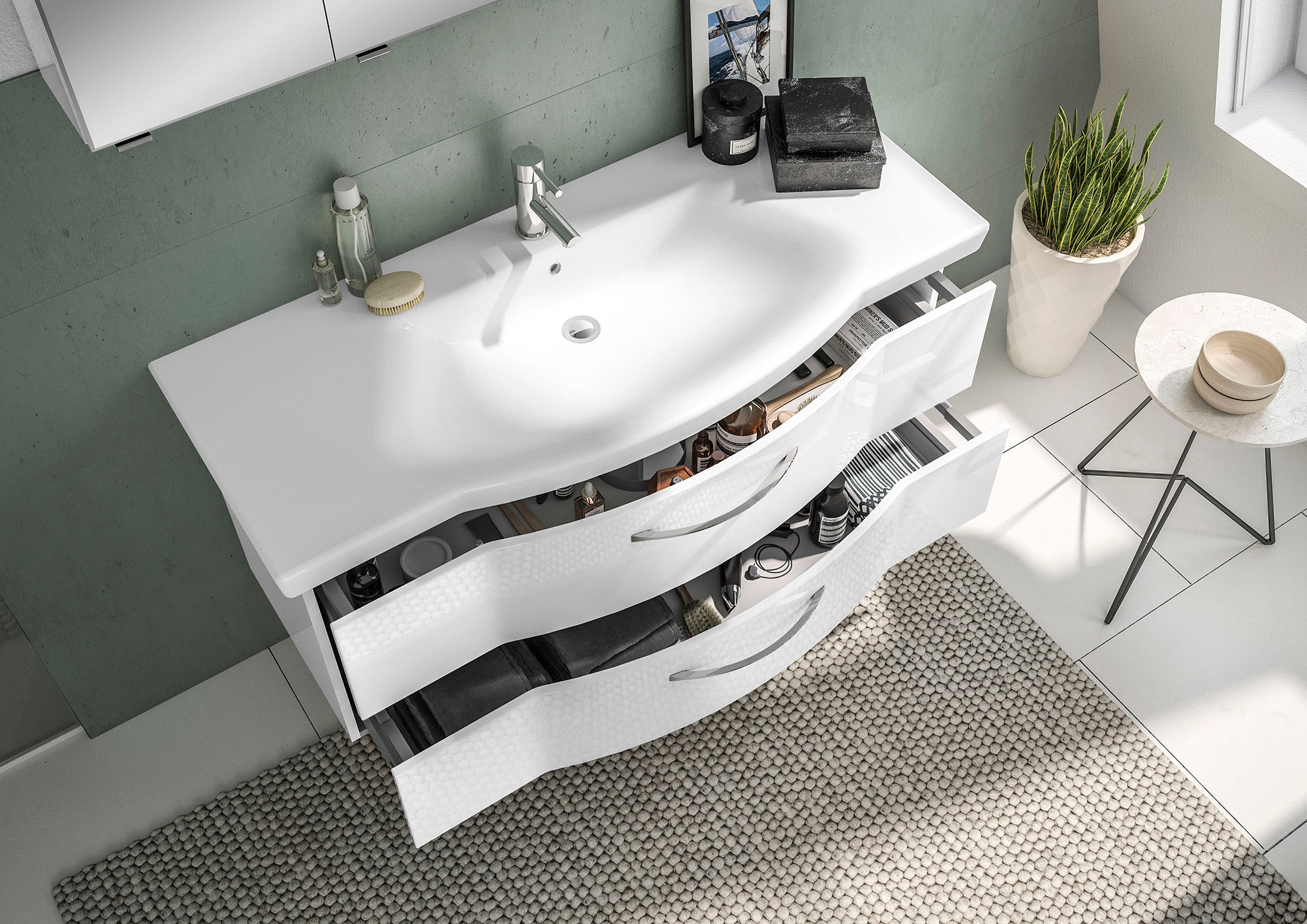 Saphir Badmöbel-Set »6005 Sprint Keramik-Waschtisch mit LED-Spiegelschrank, 122 cm breit«, (2 St.), Waschplatz inkl. Türdämpfer, 3 Türen, 2 Schubladen, Waschtisch Set