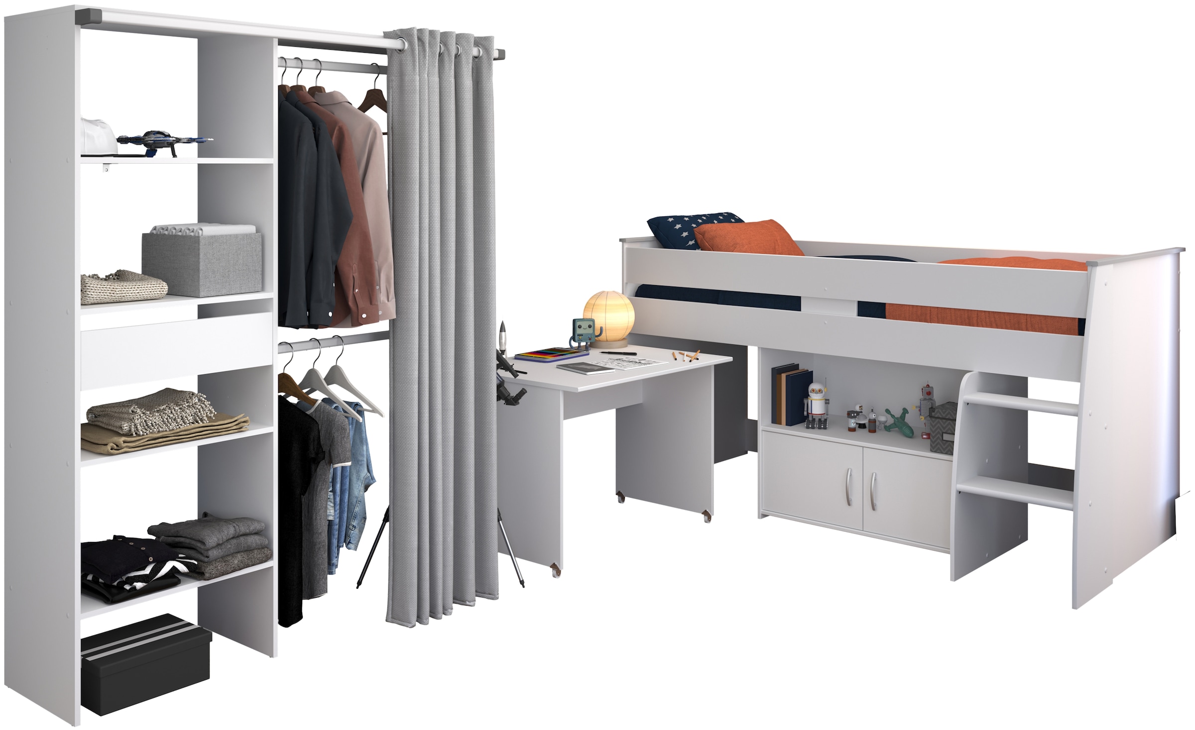 Jugendzimmer-Set PARISOTweiß, Schlafzimmermöbel-Sets, "Parisot Reverse 22", Schreibtisch ausziehbar-belüftete Spanplatte als Lattenrost verwendbar