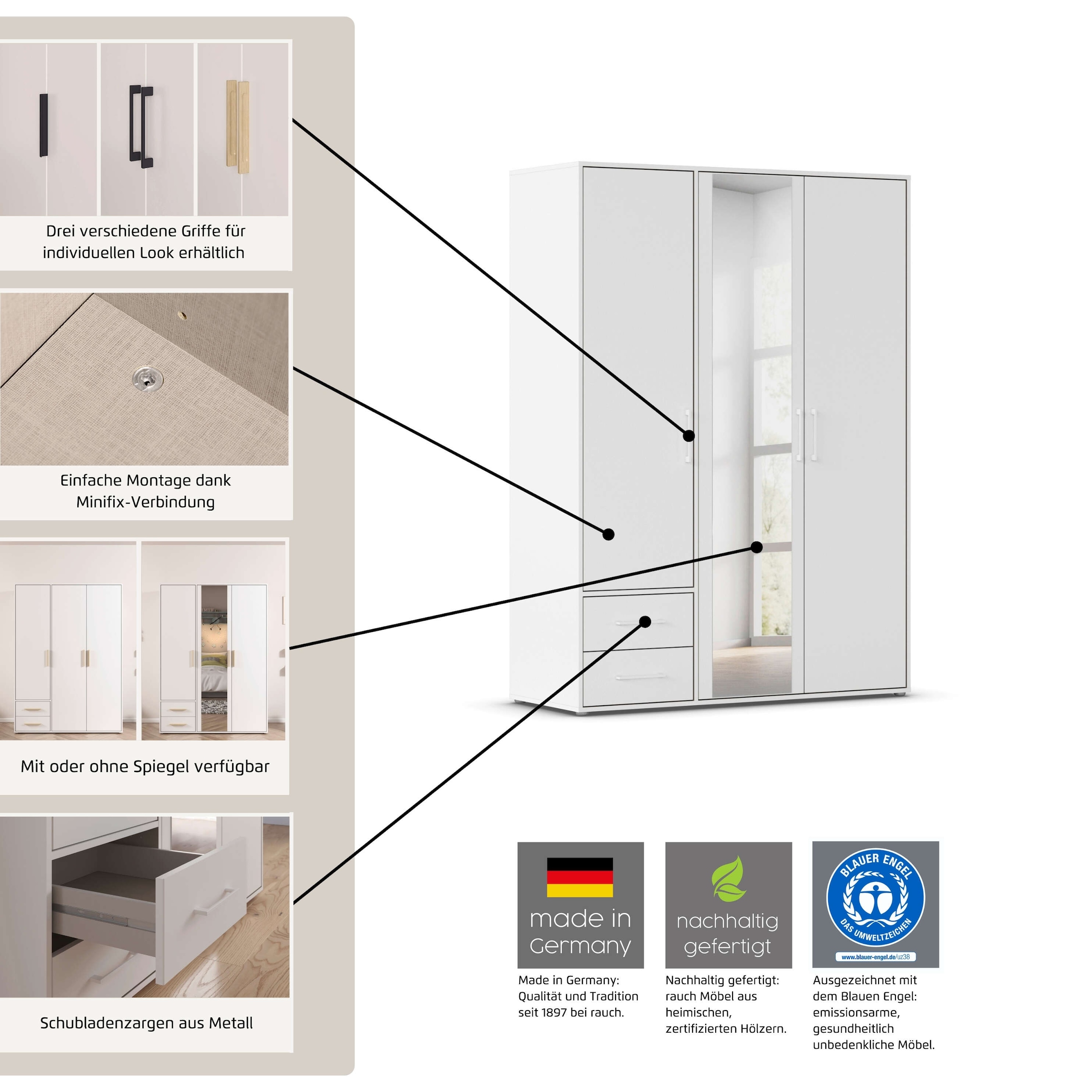 INOSIGN BY RAUCH Kleiderschrank »Schrank Garderobe Schlafzimmer Stauraum PAULLY TOPSELLER Wäscheschrank«, (mit 3 unterschiedlichen Griff-Varianten) 3 Griffvarianten MADE IN GERMANY