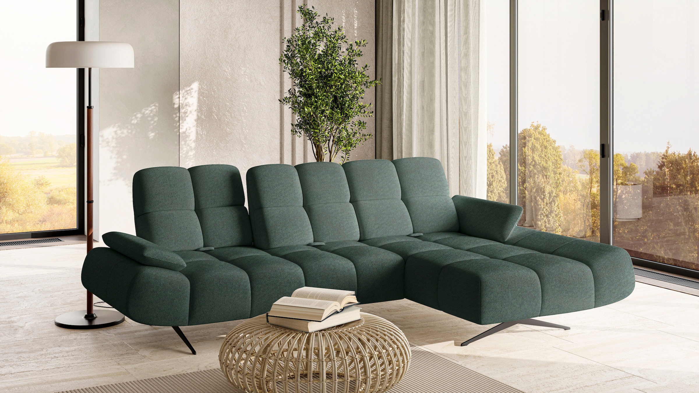 WERK2 Ecksofa »Prado-S Designer Sofa in L-Form mit Bubble-Optik, 285 cm breit« Sitztiefenverstellung an allen 3 Rückenelementen & Schwebe-Optik