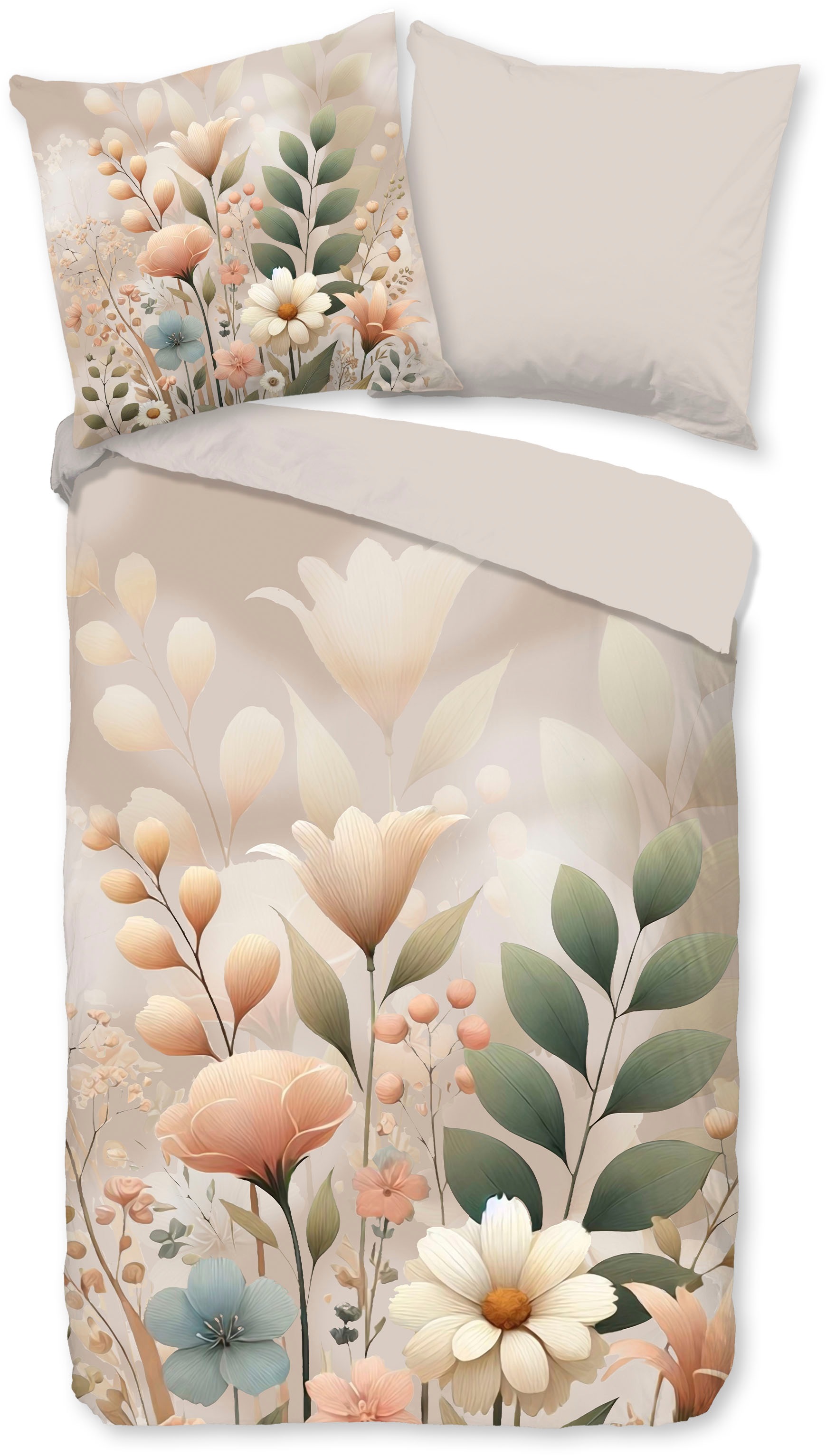 good morning Wendebettwäsche "Ingrid" 2 Stk. 100% Baumwolle, Renforcé, Reißverschluss, Wendeoptik, Blumen, sand