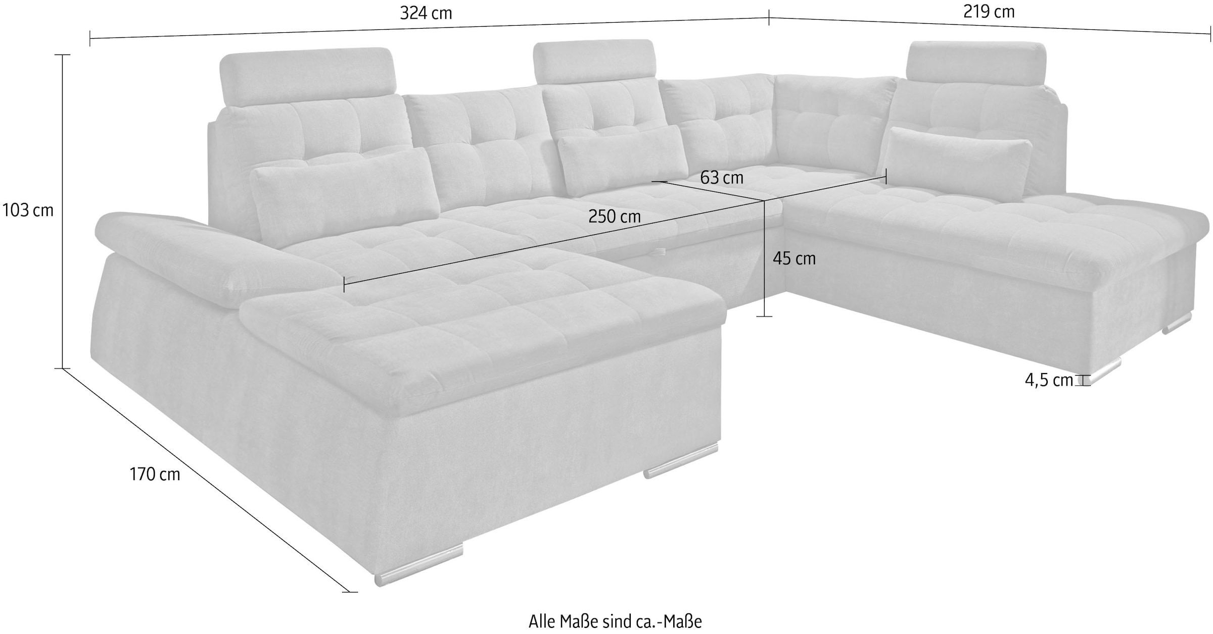 ED EXCITING DESIGN Wohnlandschaft »Nalo U-Form«, mit Bettfunktion, Bettkasten, Kopfstützen, Nierenkissen etc.