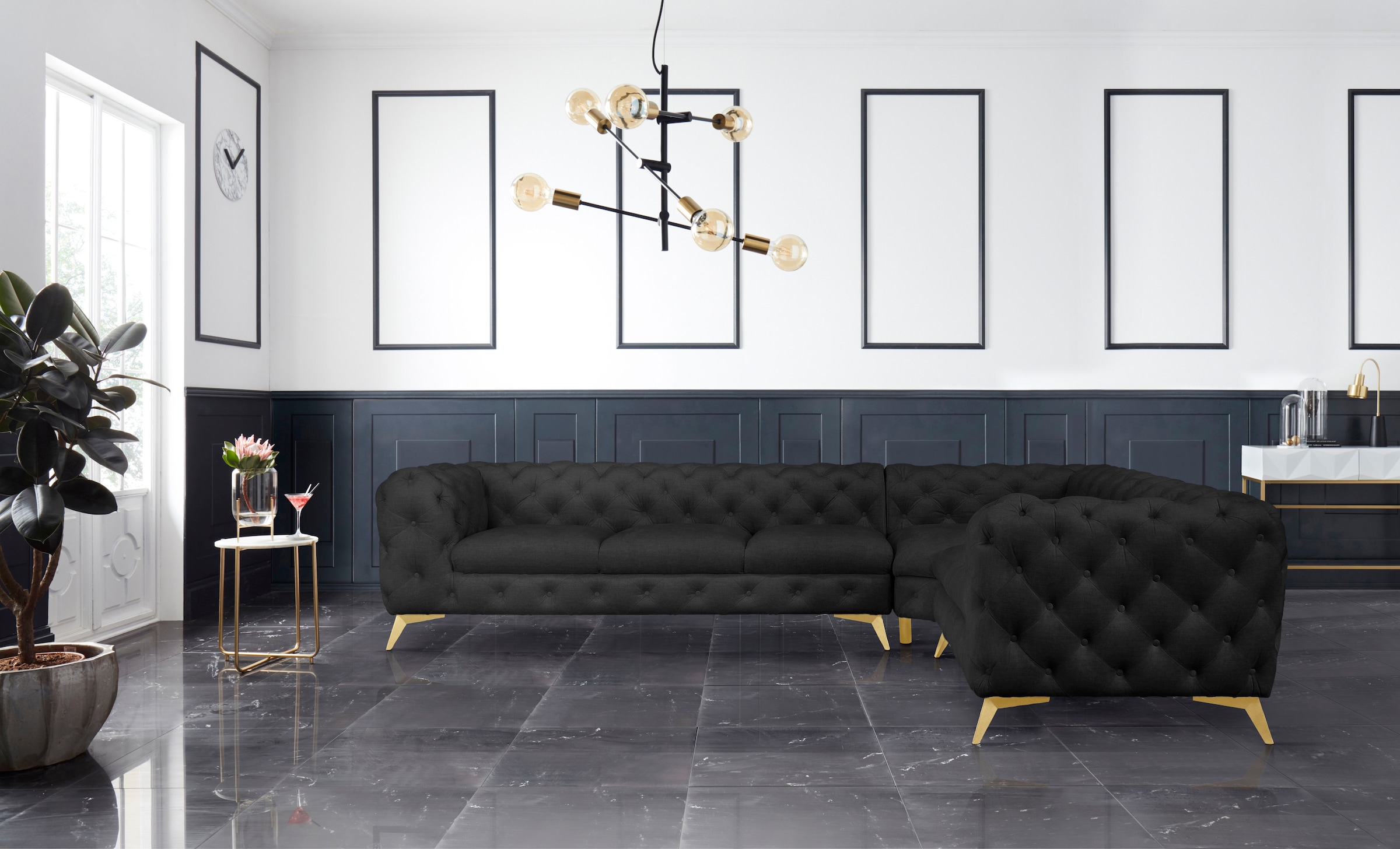 Leonique Chesterfield-Sofa »Ecksofa GLYNIS L-Form mit Wellenunterfederung, Maße B/T/H 323/264/75cm«, aufwändige Knopfheftung, moderne Chesterfield Optik, Fußfarbe wählbar