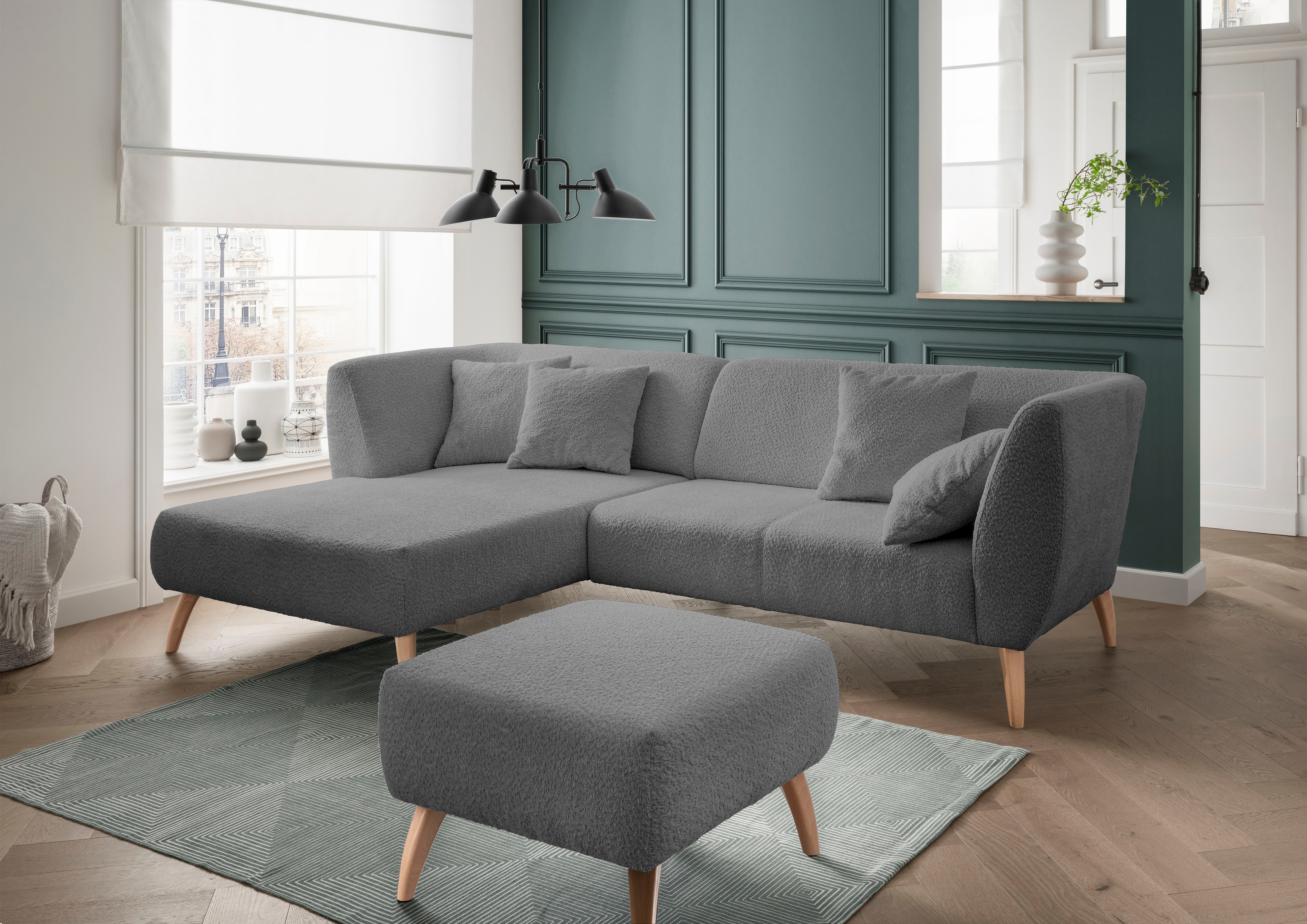 Home affaire Ecksofa "Lazio modern und bequem, schmale Armlehnen, tolle Detailverarbeitung" Holzfußfarbe wählbar, inkl. 4x Zierkissen
