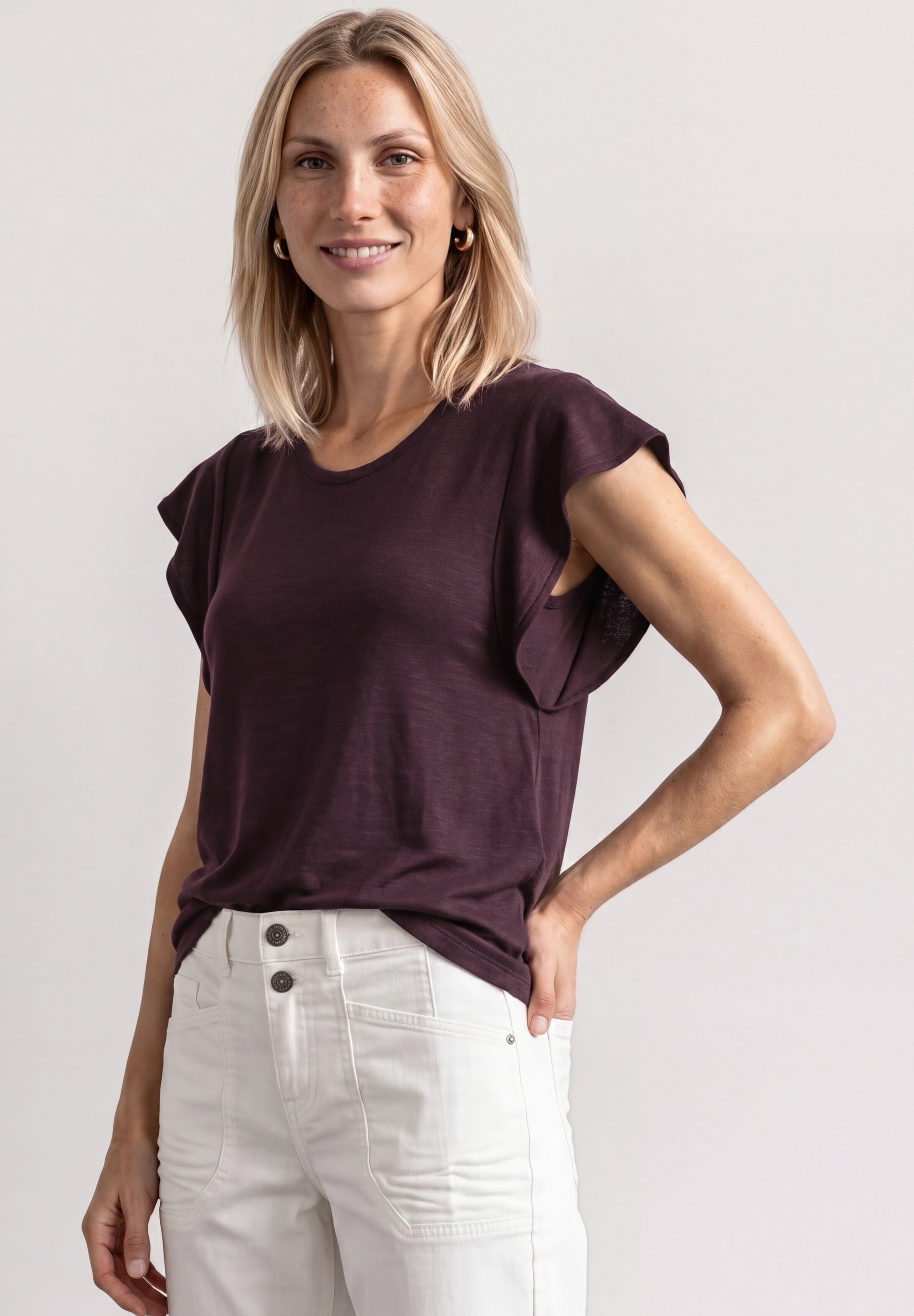 STREET ONE Shirttop Sommershirt mit kurzen Volant-Ärmeln