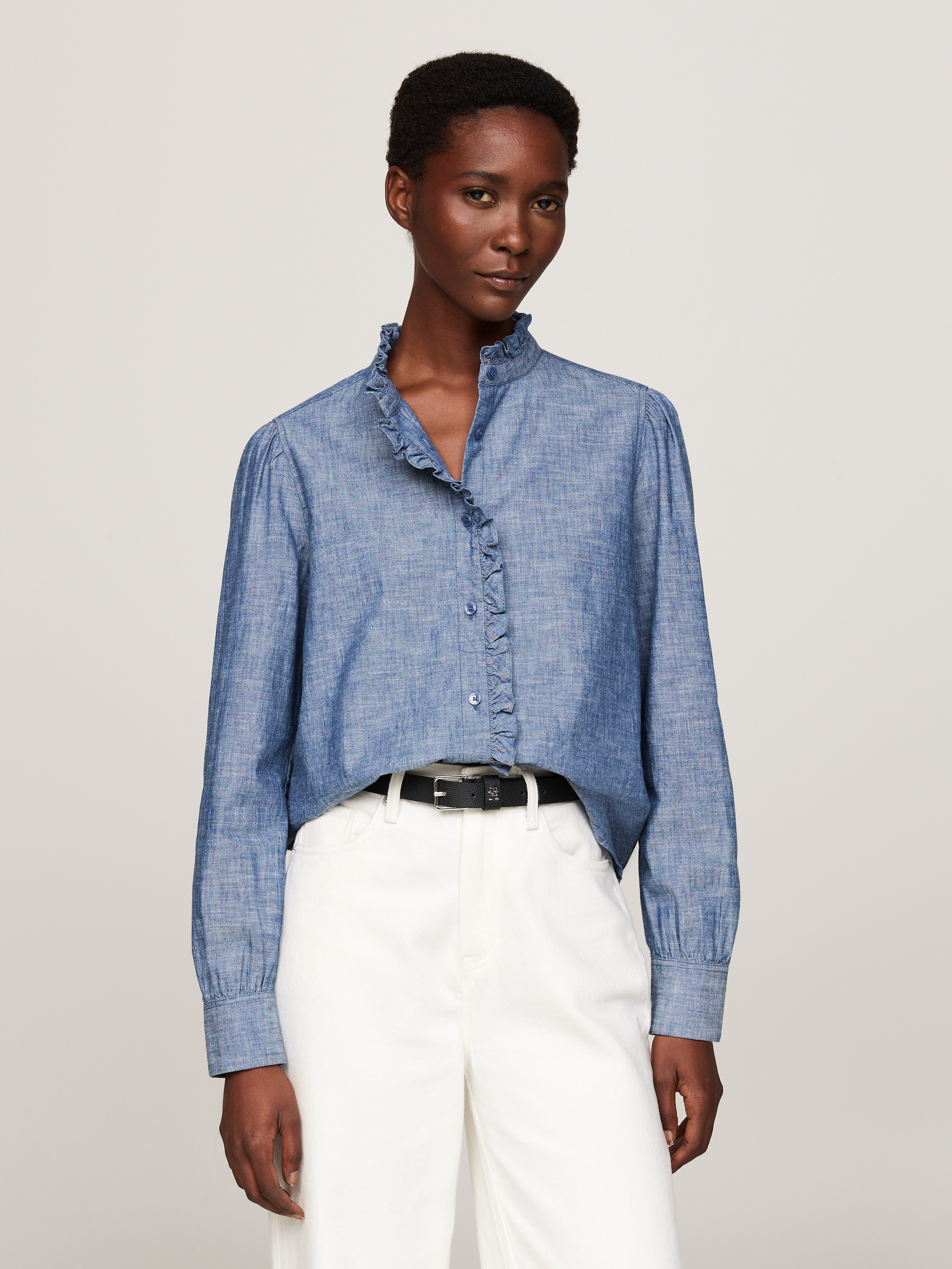 Tommy Hilfiger Shirtbluse »CHAMBRAY RUFFLE RELAXED SHIRT«, mit Rüsche, Cahmbray Qualität