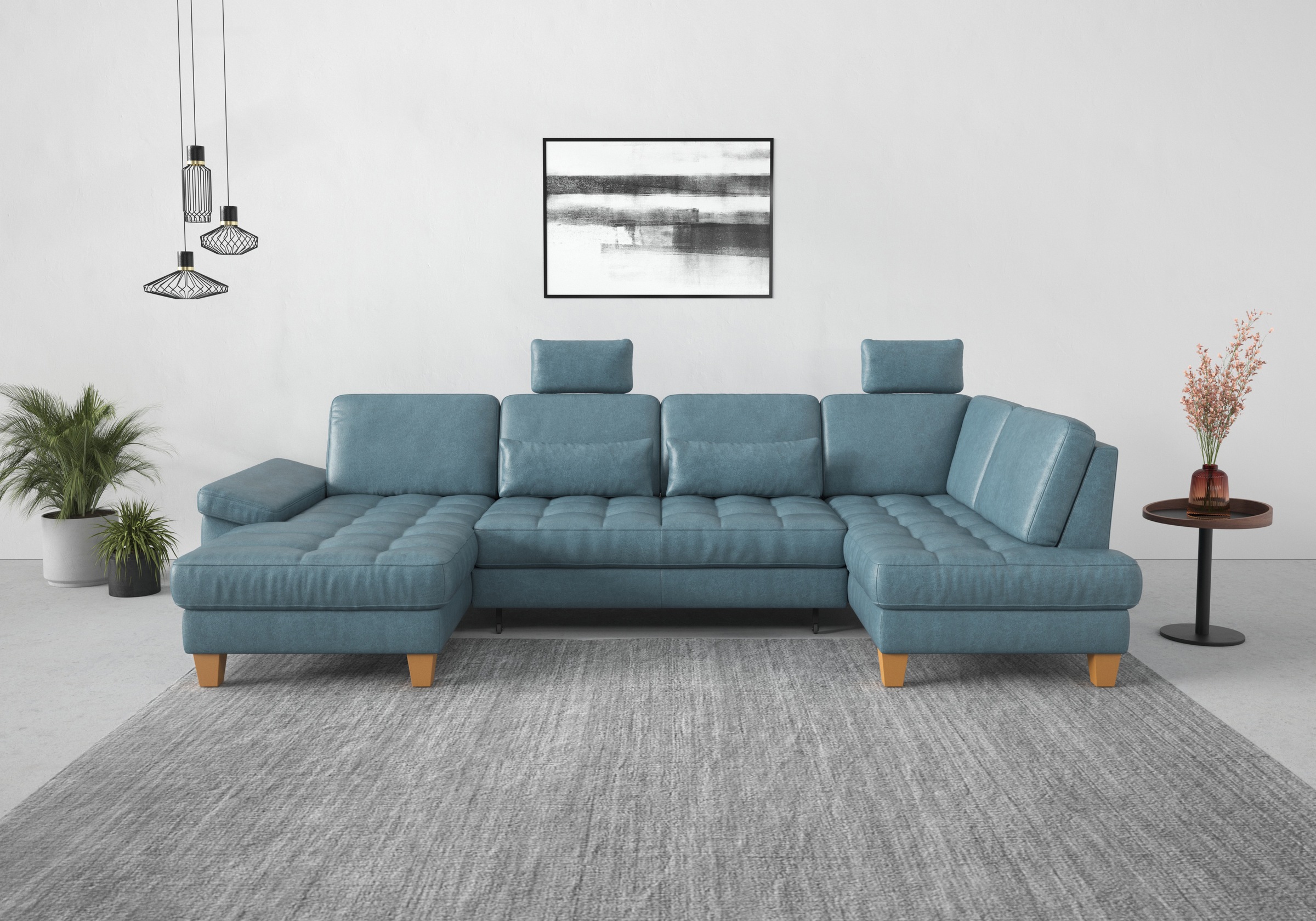 Wohnlandschaft SIT & MORE "Westham U-Form", bunt (graublau), B:338cm H:88cm T:172cm, 100% Polyester, Sofas, Wohnlandschaft, wahlweise mit Bettfunktion, Bettkasten, Sitztiefenverstellung 10