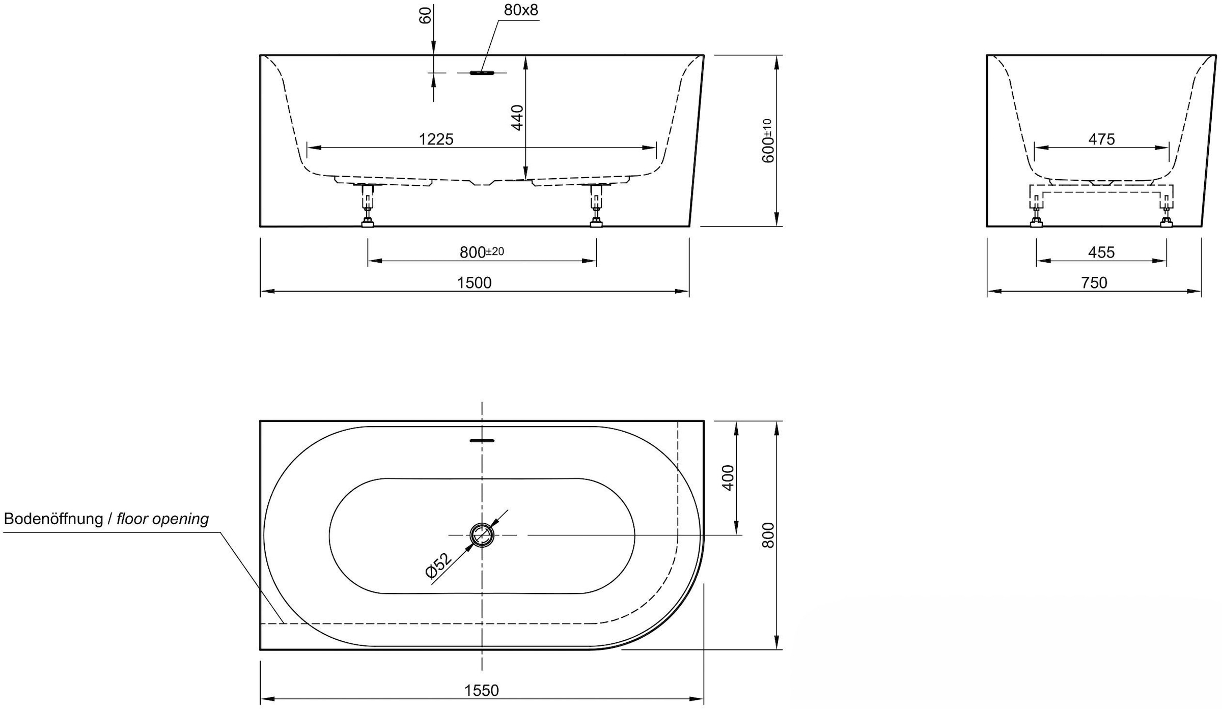 OTTOFOND Badewanne »Mince Corner XS rechts 155 cm weiß«, (1 tlg.), inkl. Ablaufgarnitur, Schlitzüberlauf, Fußgestell, schmale Wannenkante