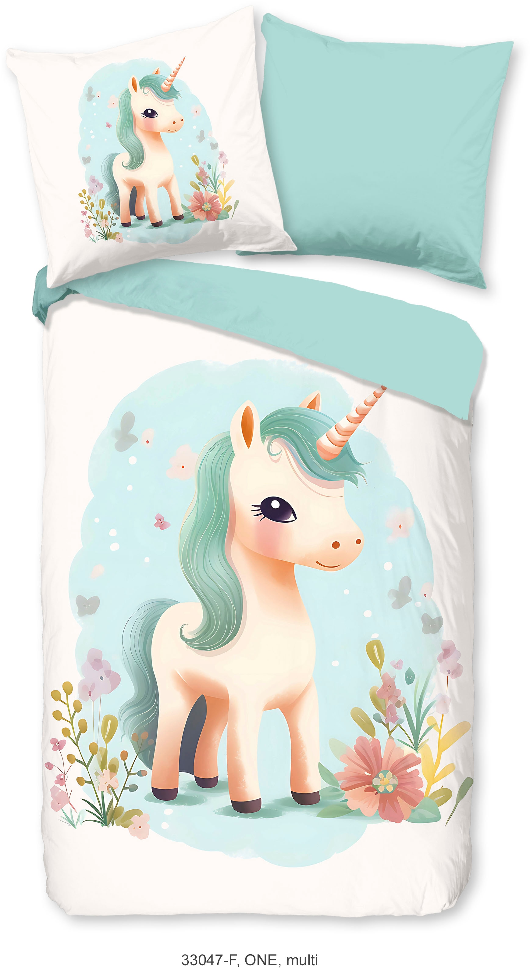 good morning Kinderbettwäsche "One", Flanell, Biber, 135x200, Warm, Wende, Mädchen, Einhorn, Weiß, Türkis