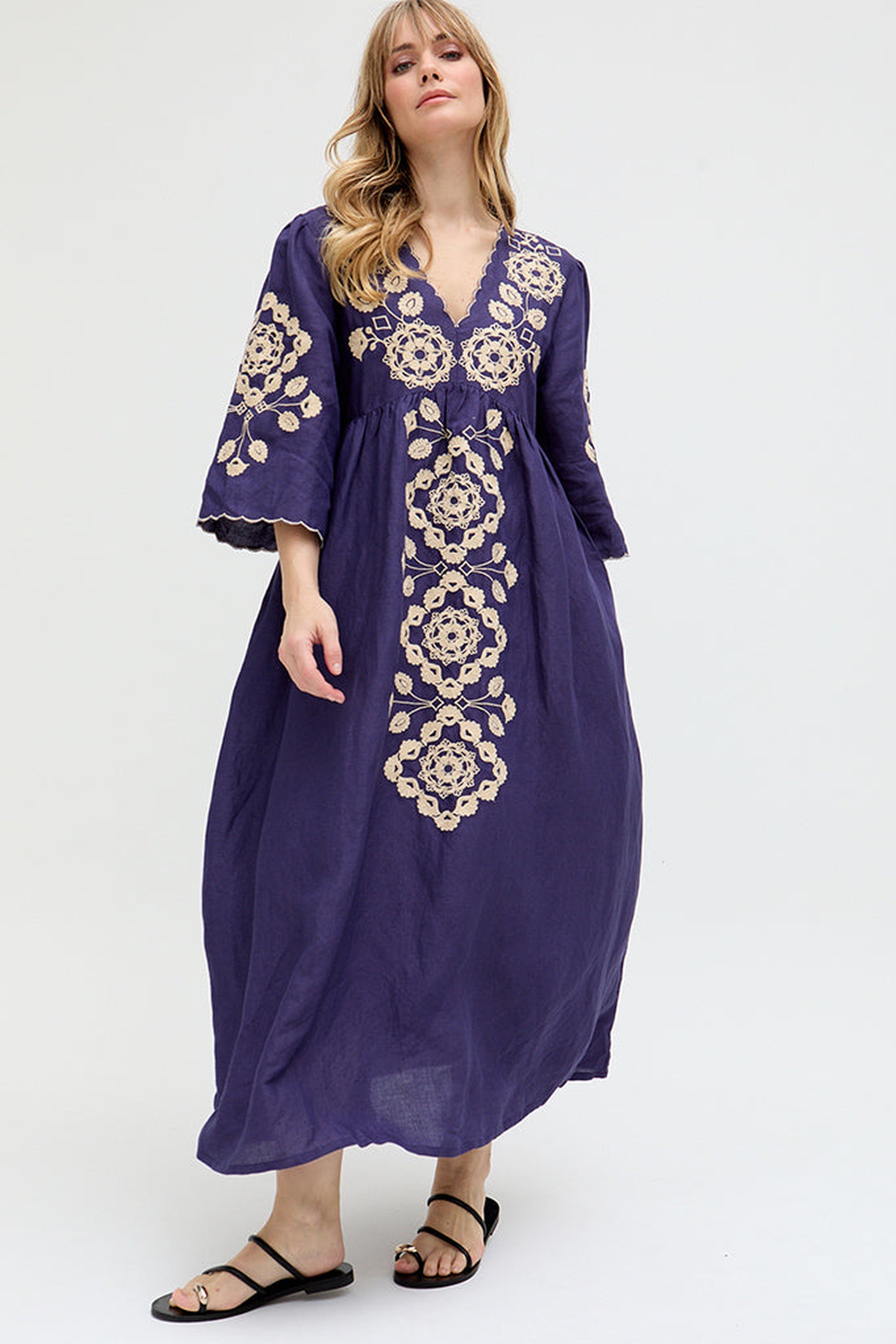 RAFFYA Midikleid "Arianna V- Neck Embroidered Maxi Dress Damen" günstig online kaufen