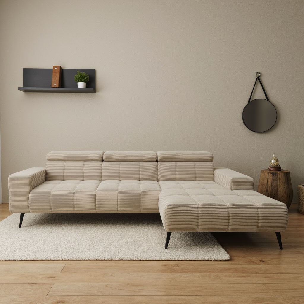 DOMO collection Ecksofa "Trento L-Form, mit Kufenfuß oder Einzelfuß" whlw. verstellbare Kopfteile, passend für gängige Saugroboter