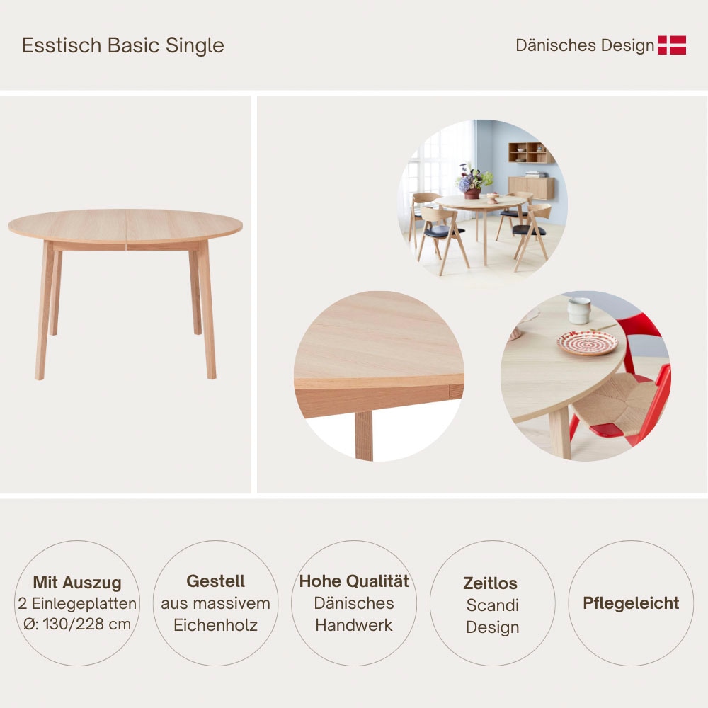 Hammel Furniture Esstisch »Basic Single, rund/oval, ausziehbar Ø130–228 cm, mit 2 Einlegeplatten« Ø130/228 cm, Melamin / Massivholz, stabiler dänische Design Tisch