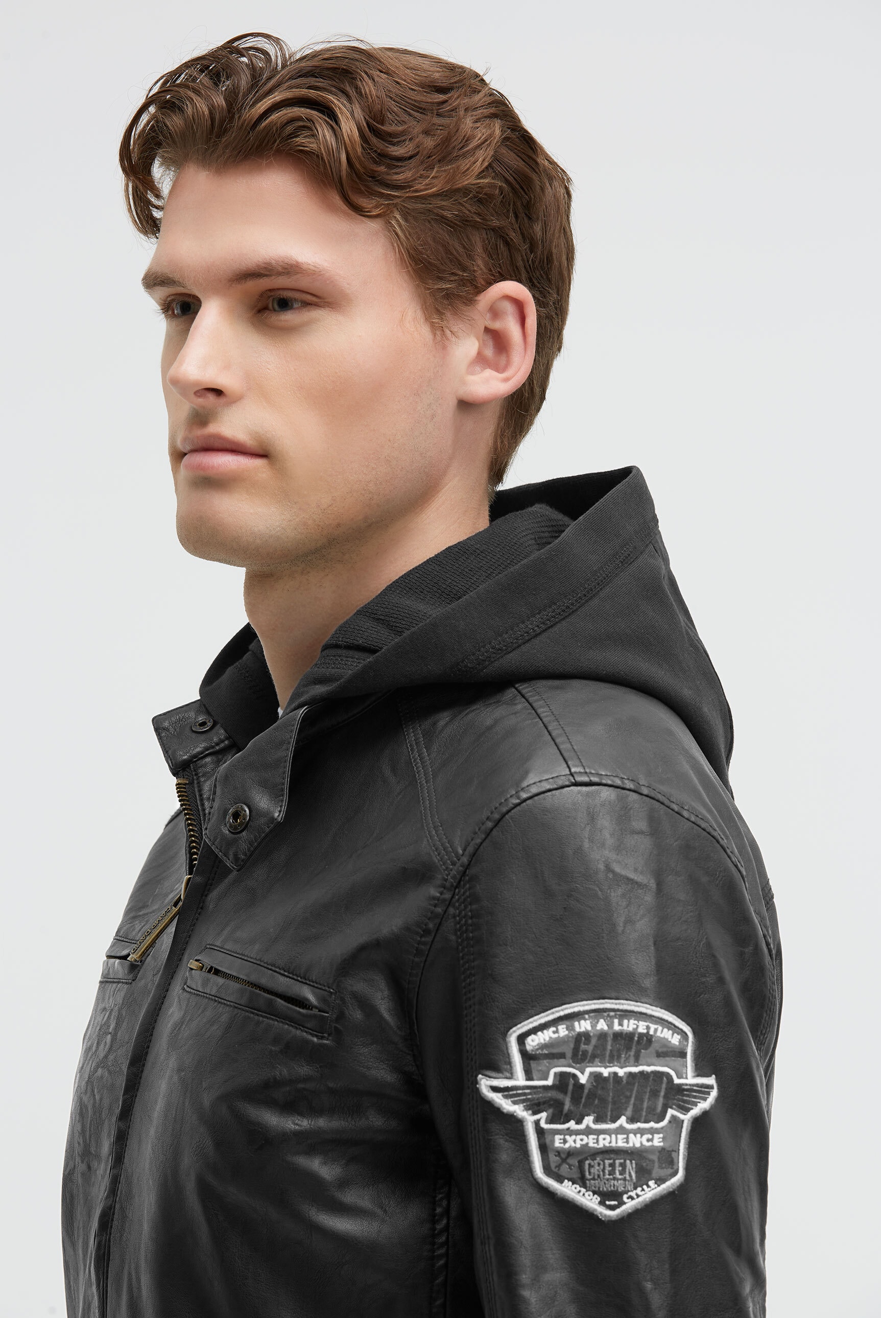 CAMP DAVID Lederimitatjacke mit Kapuze mit abtrennbarer Kapuze