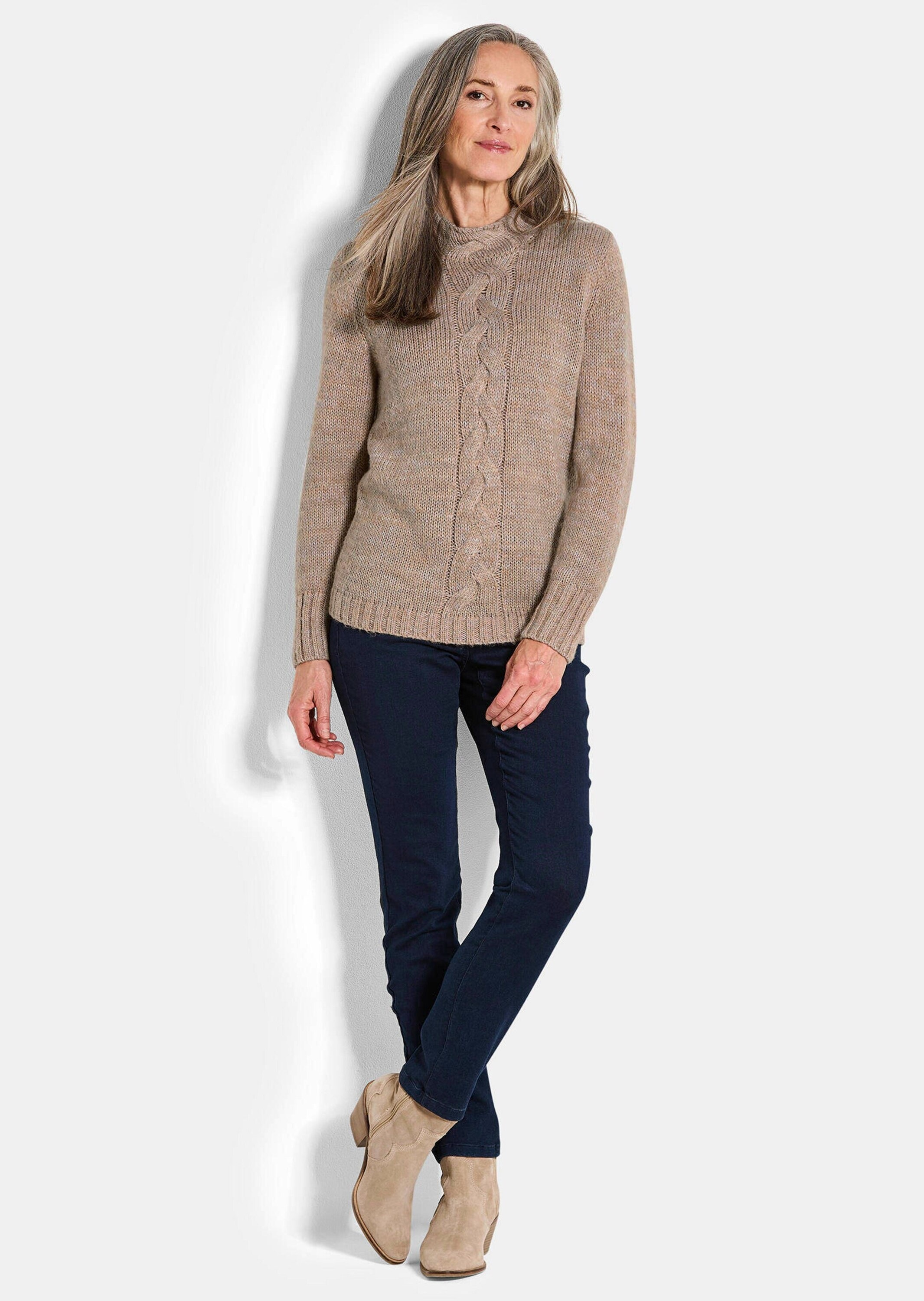 GOLDNER Rundhalspullover »Kurzgröße Hüftlanger Langarm Pullover, Zopfstrick«
