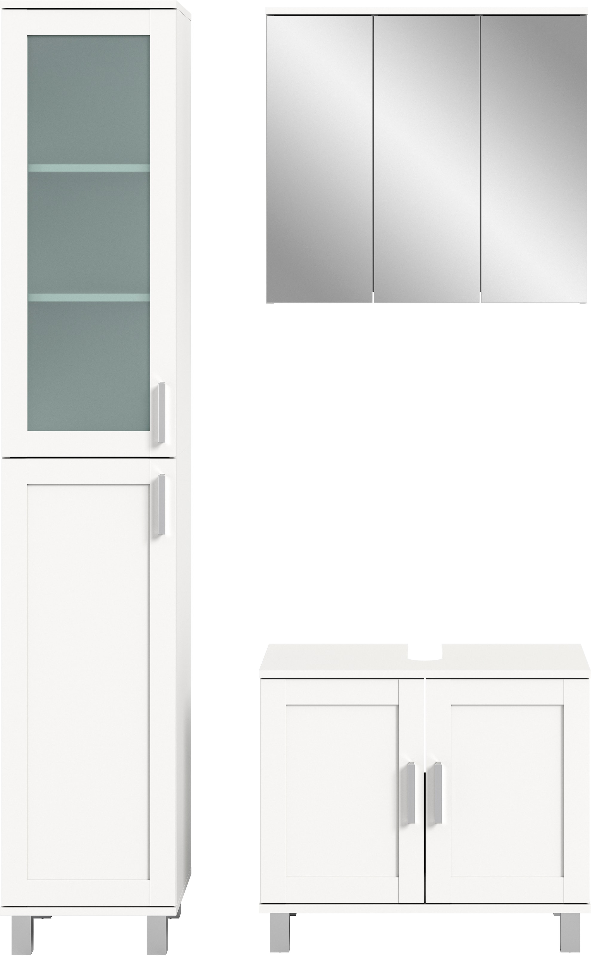 welltime Badmöbel-Set, (3 St.), bestehend aus Hochschrank, Waschbeckenunterschrank, Spiegelschrank