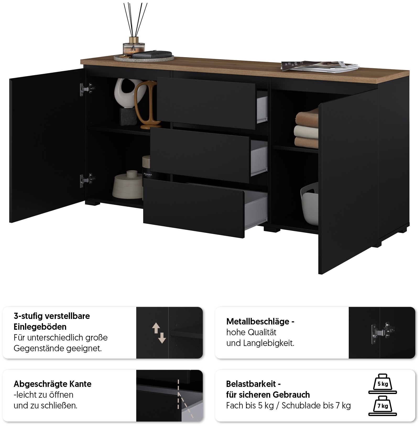 OTTO home Sideboard »Modo, Breite 150 cm, moderne grifflose Kommode 2Türen/3 SK« Schubladenkommode mit viel Stauraum, Einlegeböden verstellbar