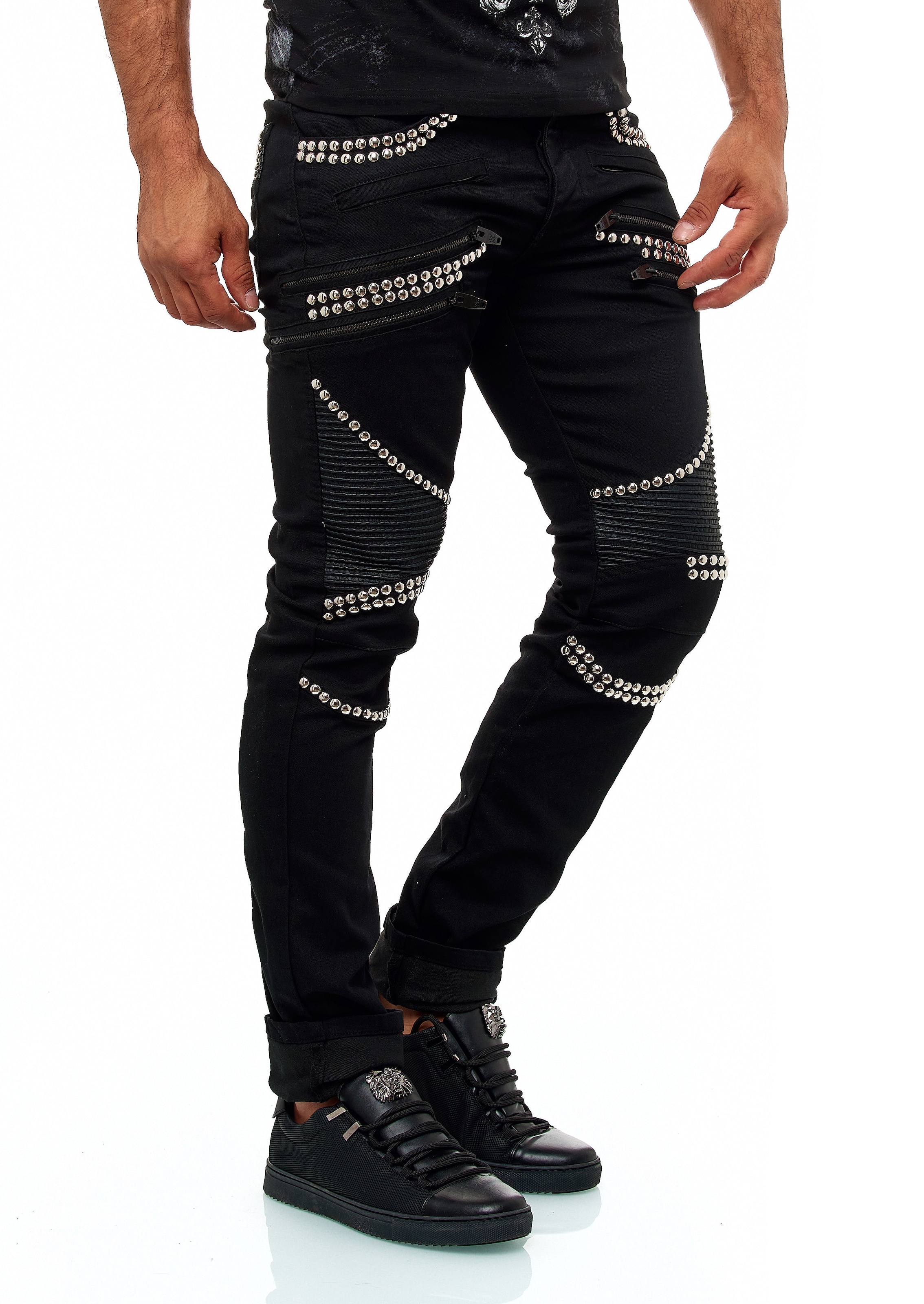 KINGZ Slim-fit-Jeans, im Patchwork Biker-Stil günstig online kaufen