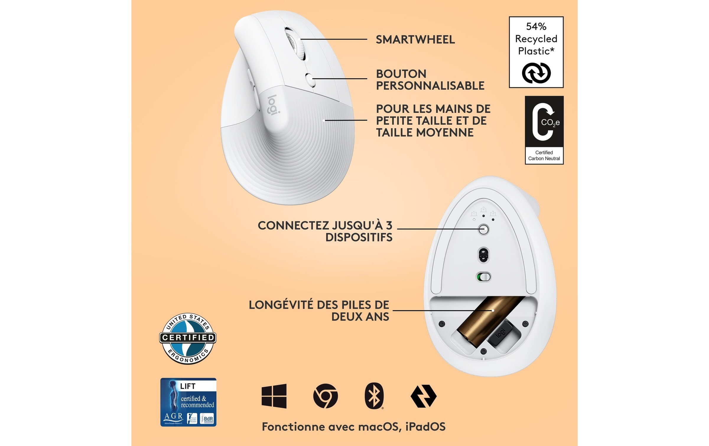 Logitech ergonomische Maus »Maus Lift Off-white« kabellos
