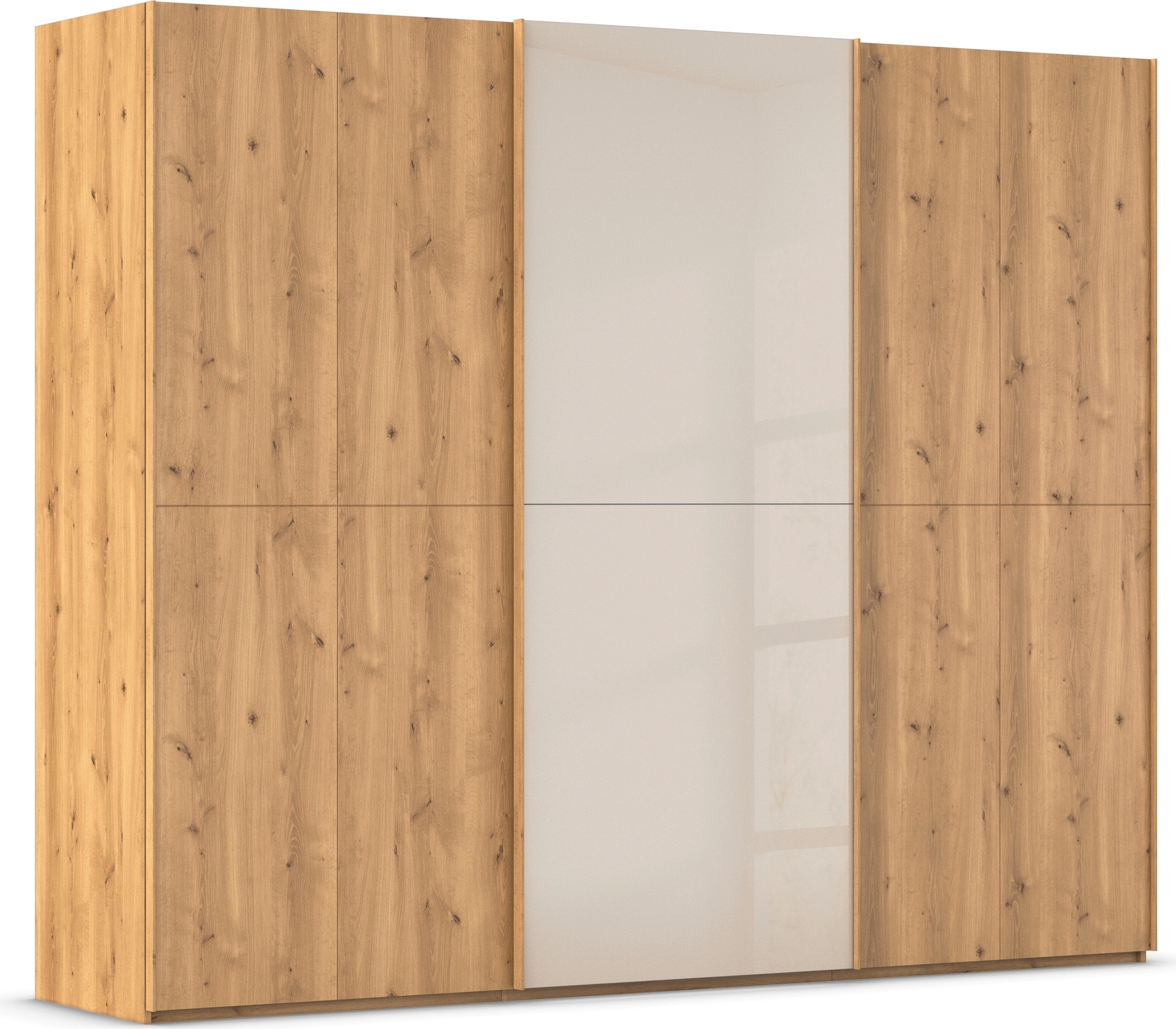 rauch Schwebetürenschrank "Kleiderschrank Schrank Garderobe Schlafzimmerschrank SCALE-WOOD" edle geteilte Front in massiver Asteiche mit Glastüren MADE IN GERMANY