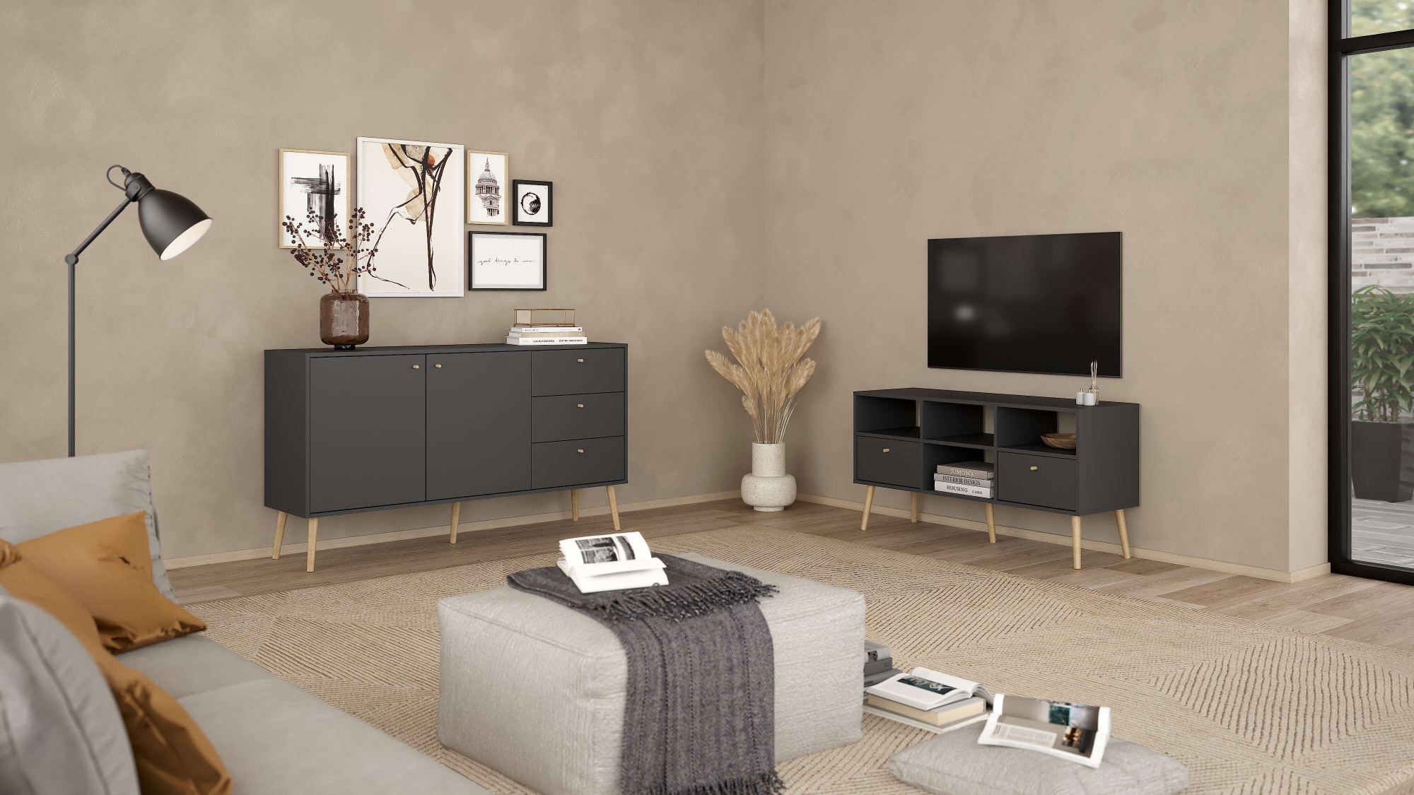 Home affaire TV-Board "Bodo TV-Möbel, TV-Unit, Mediamöbel, Regal" 2 Schubladen und 4 offene Fächer, Beine und Griffe aus Massivholz