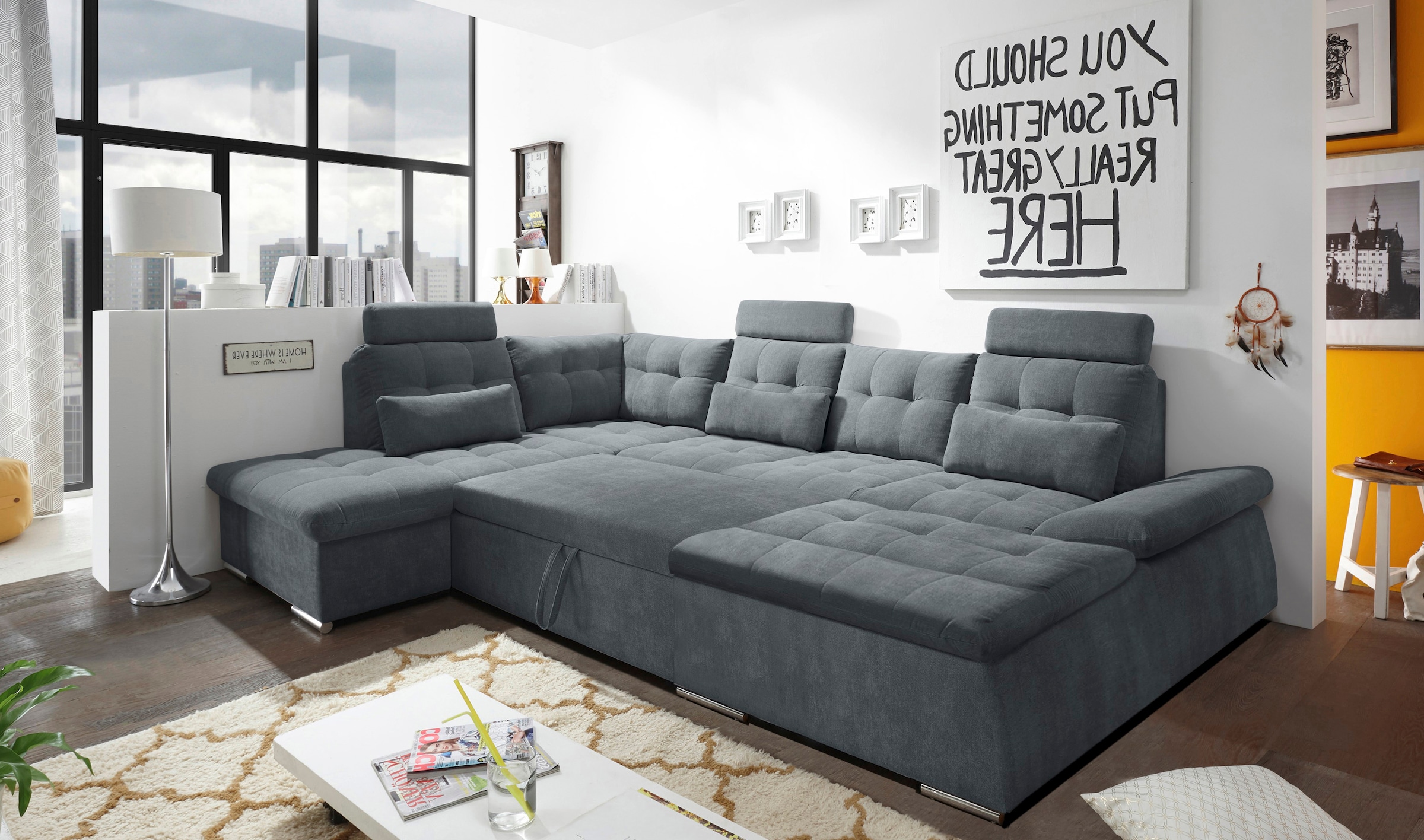 ED EXCITING DESIGN Wohnlandschaft »Nalo U-Form mit Bettfunktion, Bettkasten«, Armteilverstellung, Kopfstützen & 3 Nierenkissen