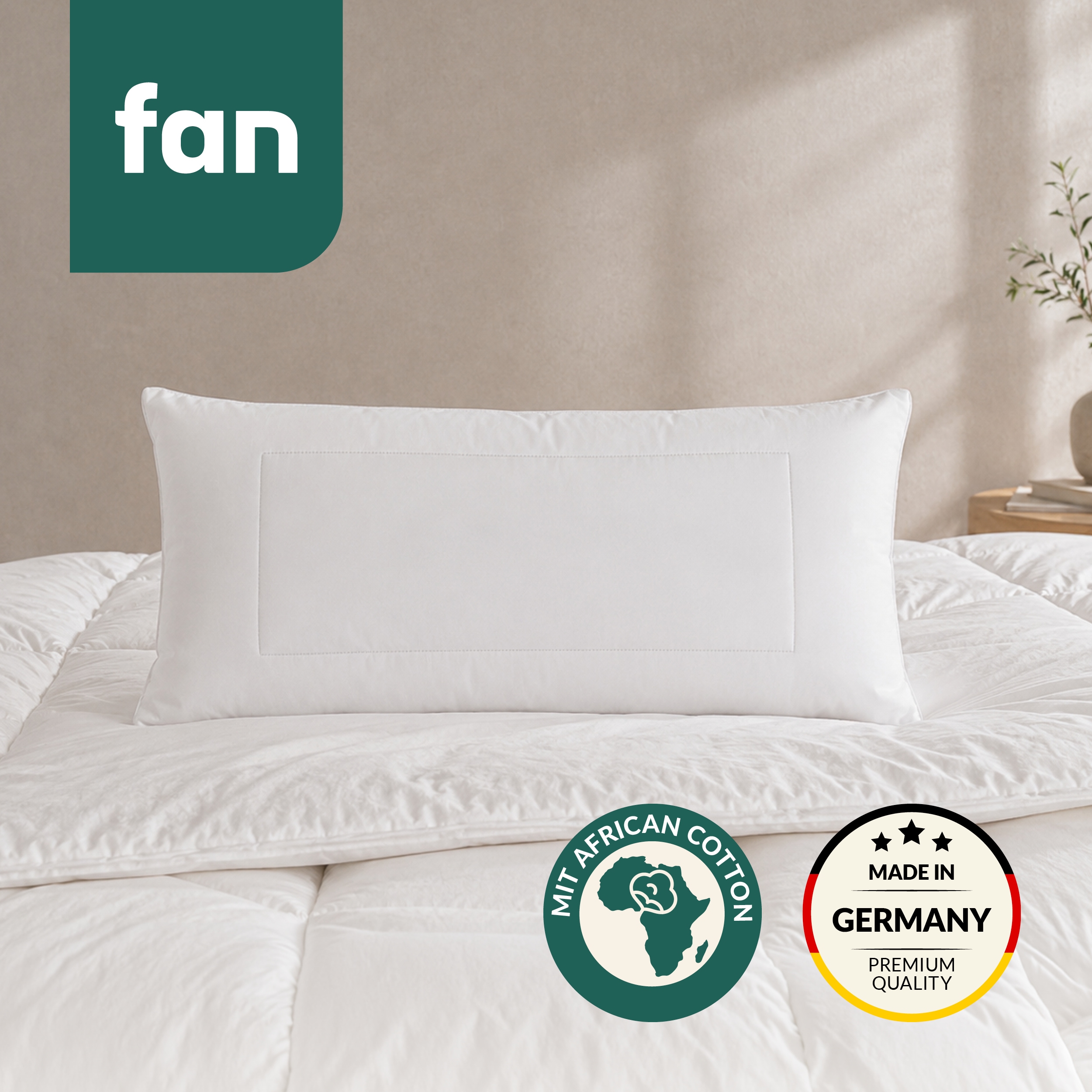 fan "African Cotton, 40x80 & 80x80 cm" Füllung: 60% Polyester / 40% Lyocell (Tencel) 1 Stk. tlg. Kopfkissen mit hochwertigem Baumwollbezug (KBA), Made in Germany