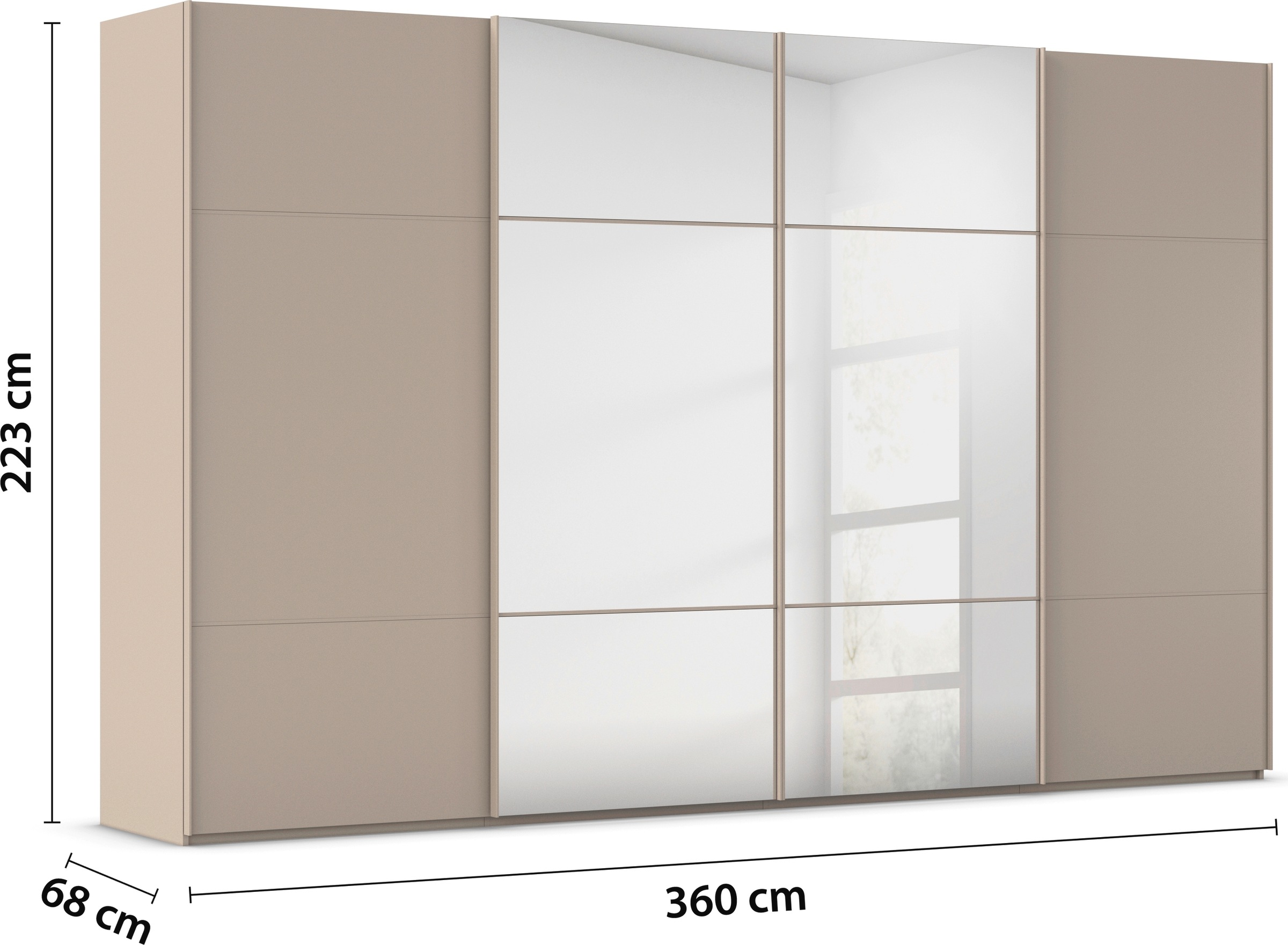 rauch Schwebetürenschrank »Kleiderschrank Schrank Garderobe Schlafzimmerschrank SCALE-TRIO«, edle dreigeteilte Front mit 2 Zierleisten und Spiegel MADE IN GERMANY