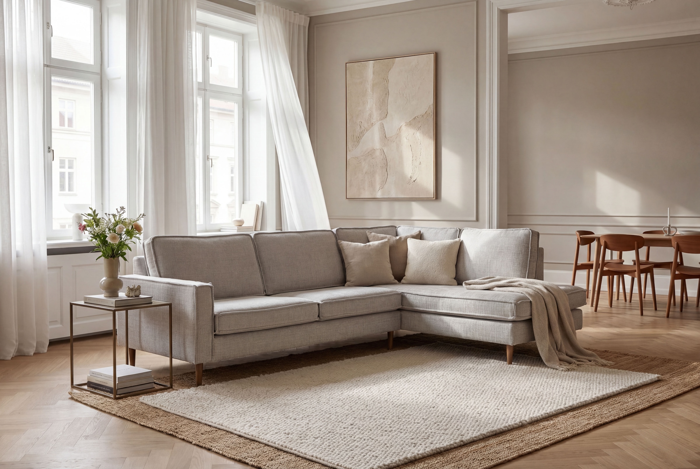 OTTO home Ecksofa "Pinto Skandi, 290 cm, Chenille, Struktur, Ottomane links / rechts" mit Keder, Massivholzfüße Eiche geräuchert, Wellenunterfederung