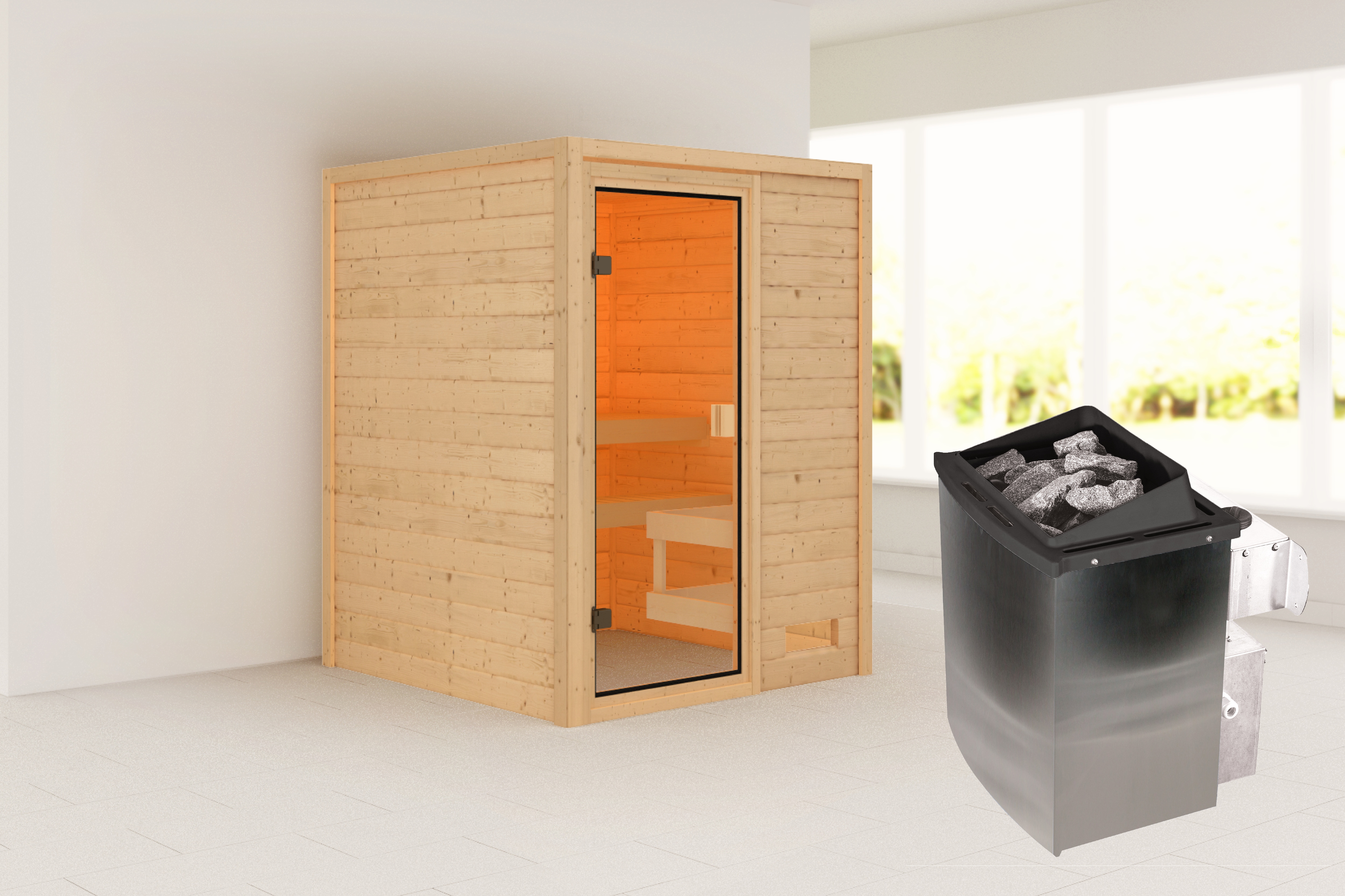 Karibu Sauna ""Sandy" mit bronzierter Tür SET, naturbelassen, mit Ofen 9 kW" aus hochwertiger nordischer Fichte
