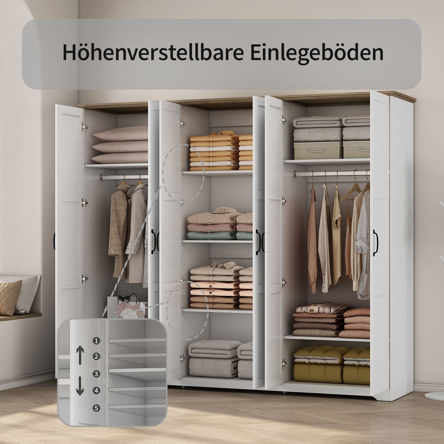 OTTO home Kleiderschrank »Emmilia Schrank Schlafzimmerschrank im Landhaus Design« Mit vielen Einlegeböden und Softclose,  Landhaus Schrank mit  6 Türen Breite 226,5cm Höhe 2m