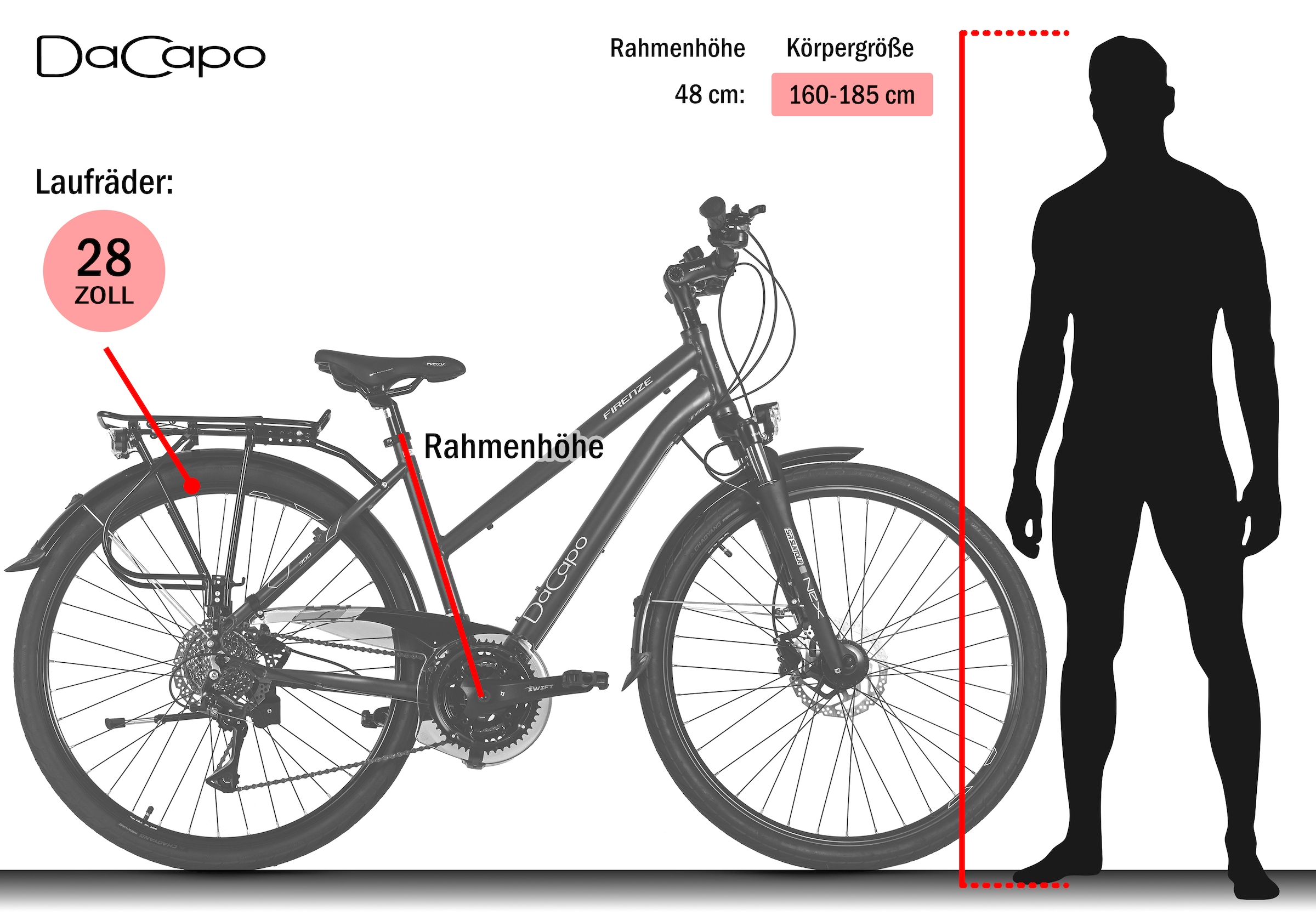 Dacapo Trekkingrad »Firenze 300 Anthrazit 24 Gänge RH 48 cm« 24 Gang Shimano Acera Schaltwerk Kettenschaltung