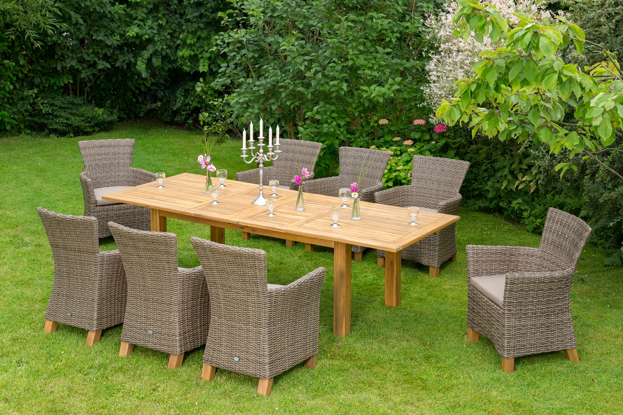 Garten-Essgruppe MERXX "Toskana", braun (braun, natur), Obermaterial: 100% Polyester. Füllung: 100% Polyurethan, Sitzmöbel-Sets, Aluminium, Polyrattan, Akazienholz FSC 100 %, geeignet für 8 Personen