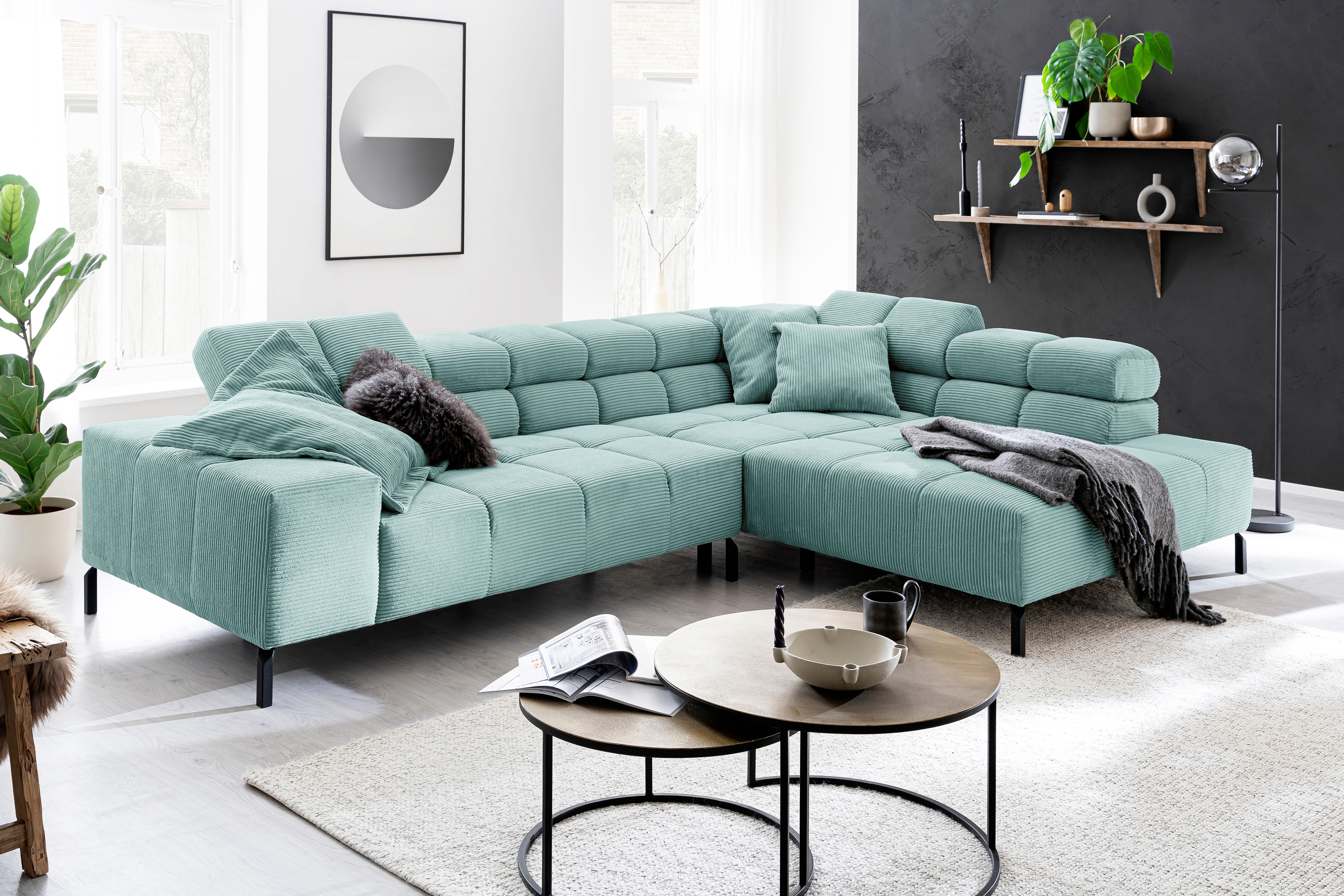 Home affaire Ecksofa "Ancona New, wahlweise motorische Sitztiefenverstellung, auch in Cord" feine Steppung, mit Kopfteilverstellung, 3 Zierkissen, L-Form