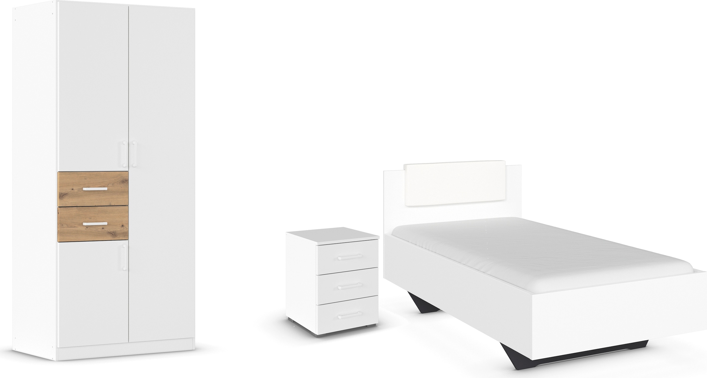 rauch "Komplettzimmer Komplettschlafzimmer Schlafzimmer-Set (3-St.) MAIKA" Set, 3 Stk. tlg. Schrank 3 Breiten, 2 Höhen, Bett 100 cm, Nachttisch MADE IN GERMANY