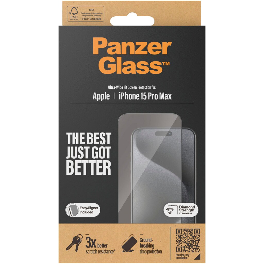 PanzerGlass Displayschutzglas »Displayschutz iPhone 15 Pro Max«, für iPhone 15 Pro Max, (1 St., Displayschutz mit Installationshilfe EasyAligner), Kratz-& Stoßfest, Antibakteriell, Vergilbungsresistent